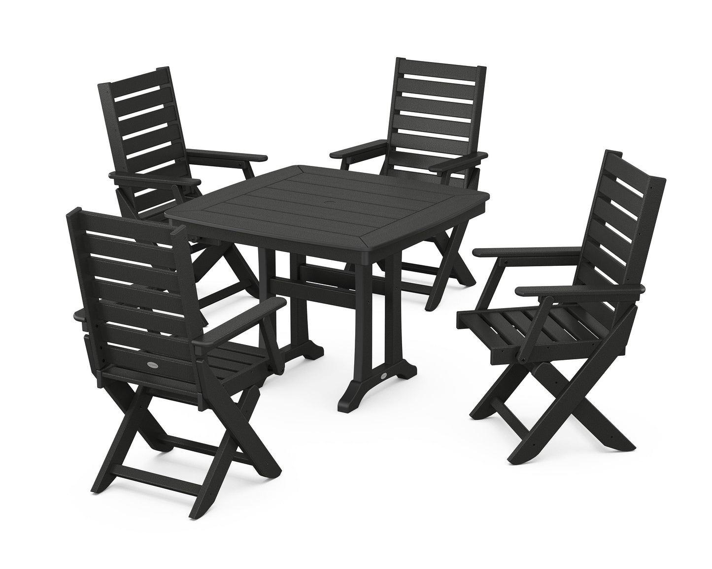 POLYWOOD Captain Folding Chair 5-Piece Dining Set with Trestle Legs — Black