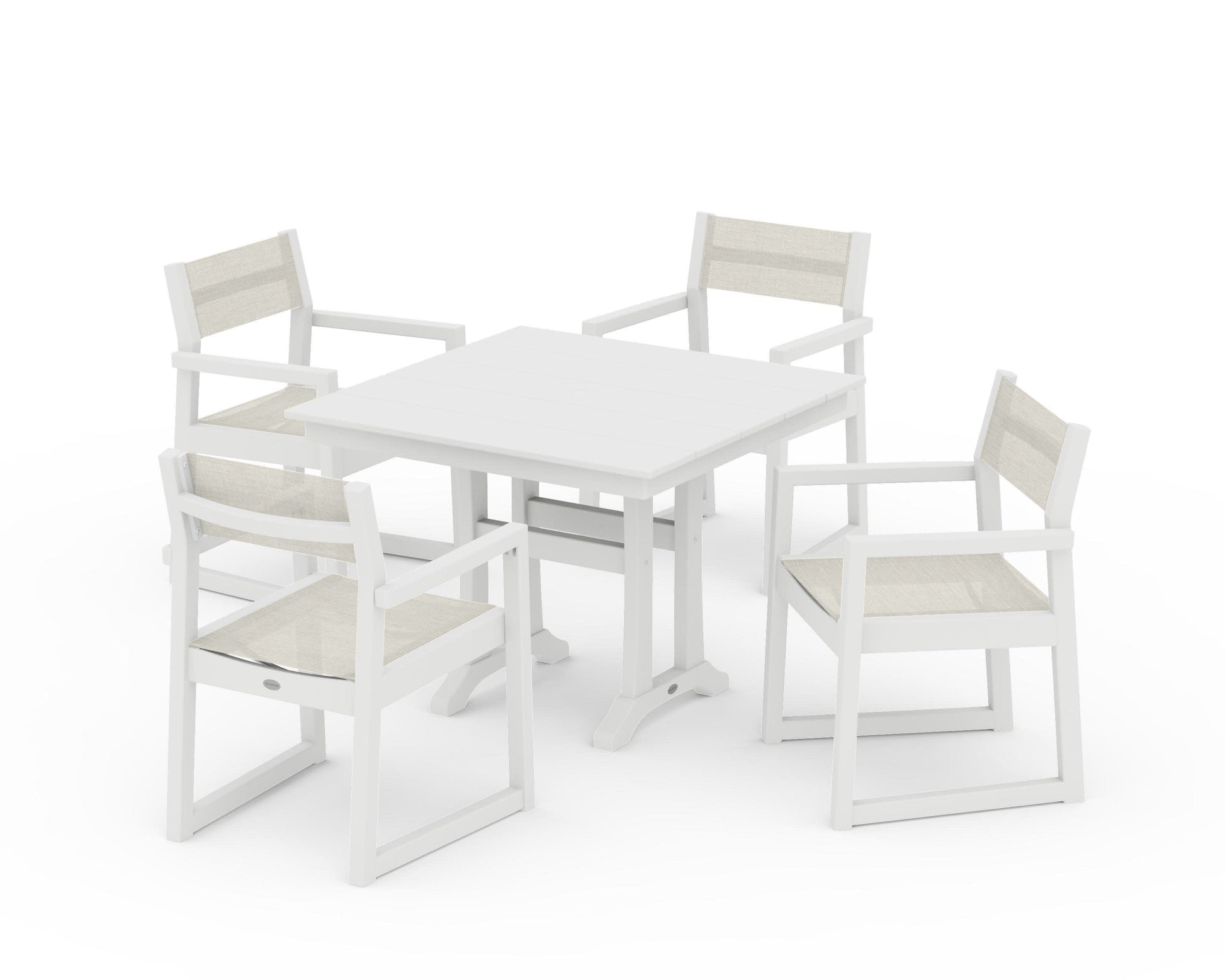 POLYWOOD EDGE Sling 5-Piece Farmhouse Dining Set with Trestle Legs — White / Parchment Sling