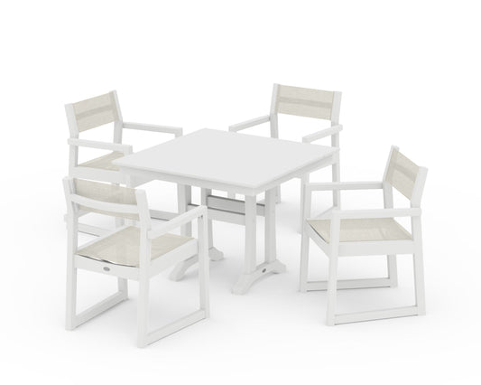 POLYWOOD EDGE Sling 5-Piece Farmhouse Dining Set with Trestle Legs — White / Parchment Sling