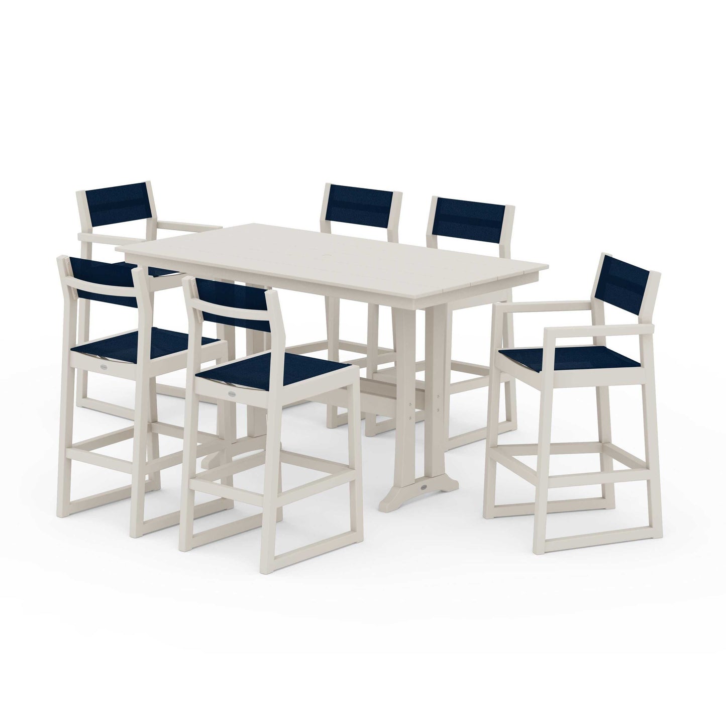 POLYWOOD EDGE Sling 7-Piece Farmhouse Bar Set with Trestle Legs — Sand / Navy Blue Sling