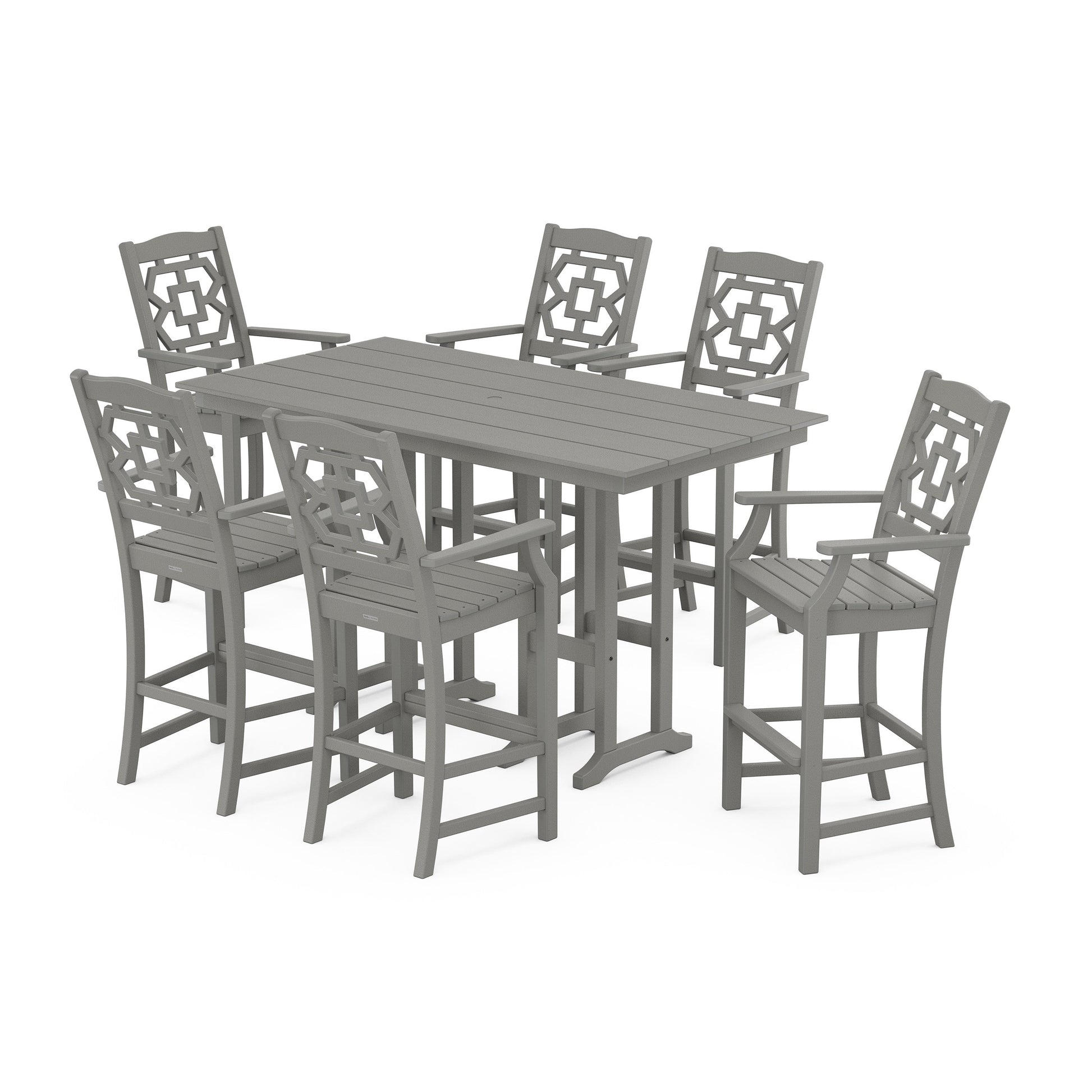 POLYWOOD Chinoiserie Arm Chair 7-Piece Farmhouse Bar Set — Slate Grey