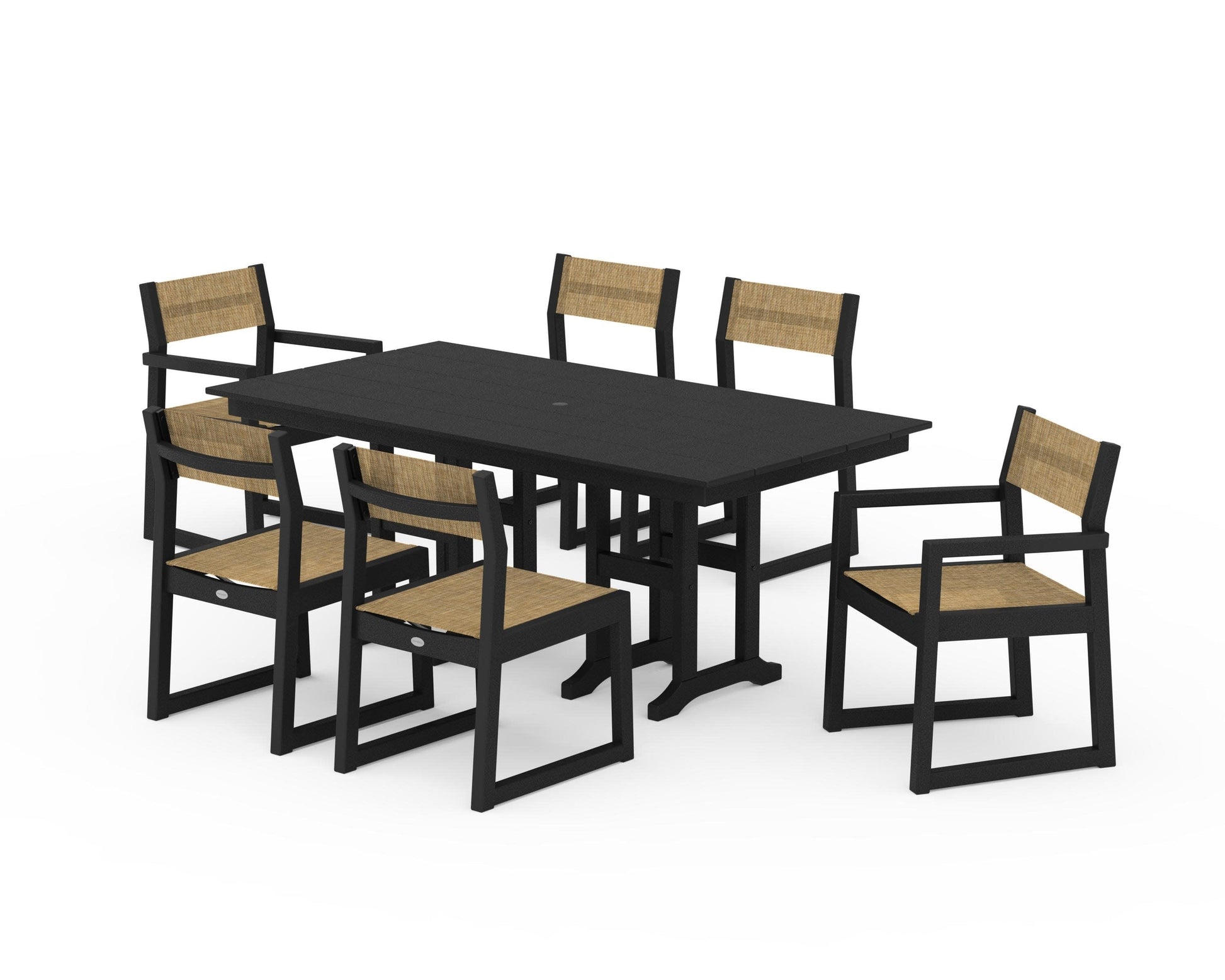 POLYWOOD EDGE Sling 7-Piece Farmhouse Dining Set — Black / Burlap Sling