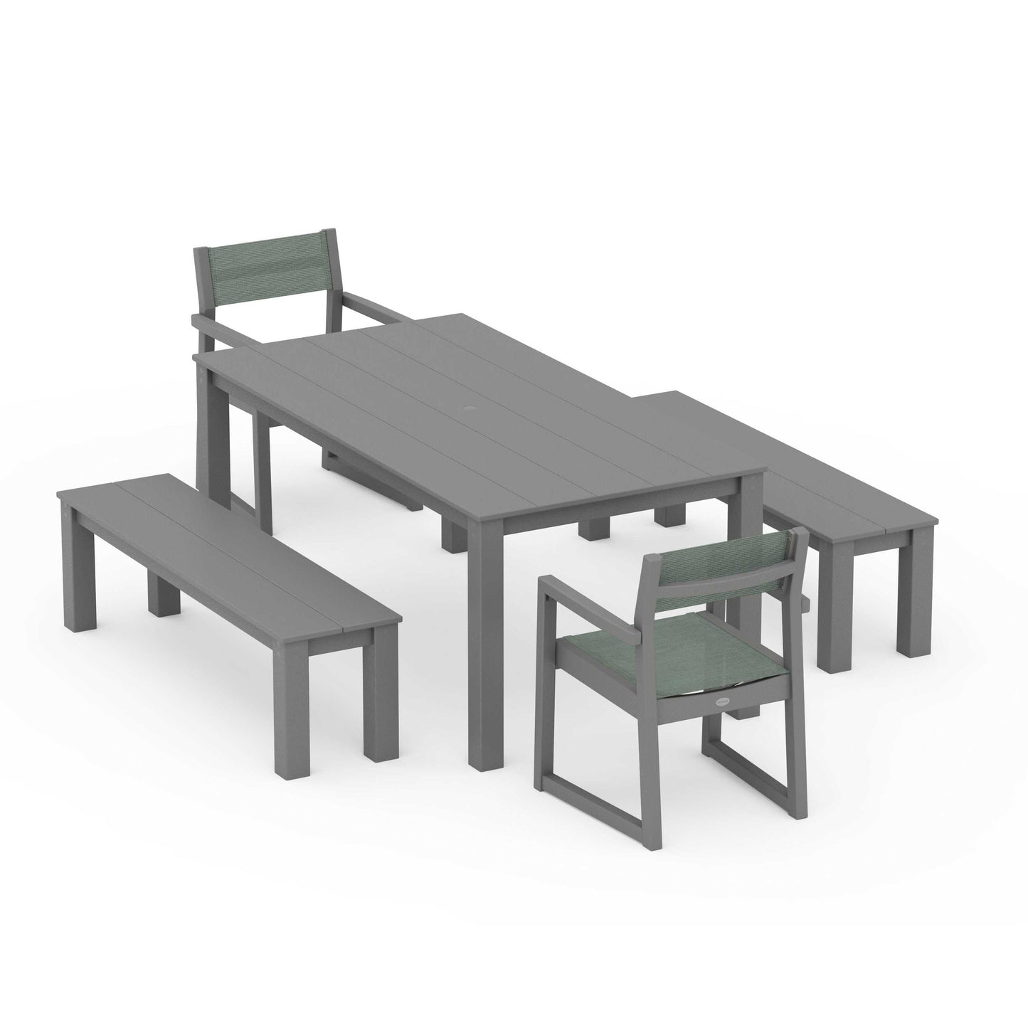 POLYWOOD EDGE Sling Arm Chair 5-Piece Parsons Dining Set with Benches — Slate Grey / Dupioni Sea Mist Sling