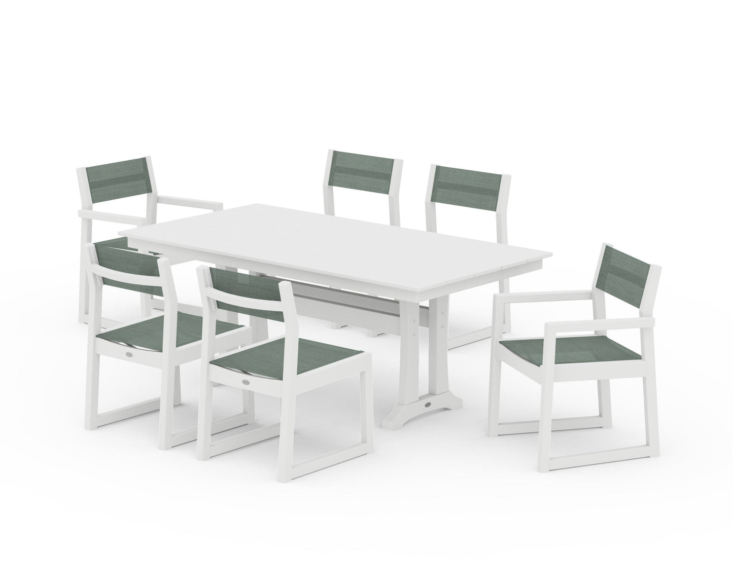 POLYWOOD EDGE Sling 7-Piece Farmhouse Trestle Dining Set — White / Dupioni Sea Mist Sling
