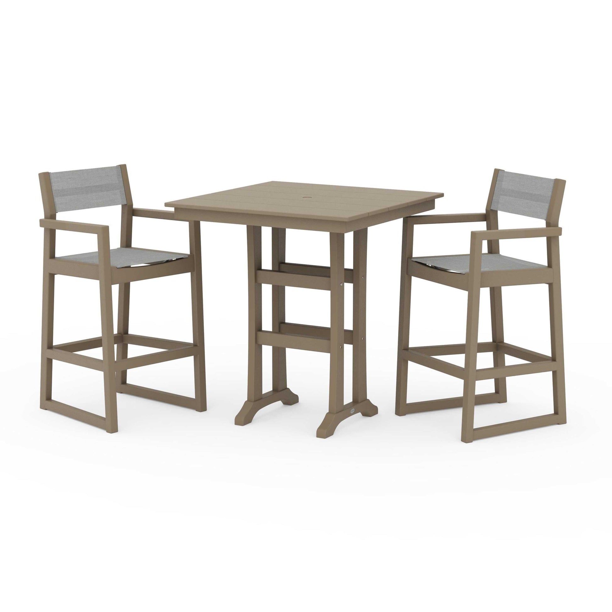 POLYWOOD EDGE Sling Arm Chair 3-Piece Farmhouse Bar Set with Trestle Legs — Vintage Sahara / Metallic Sling