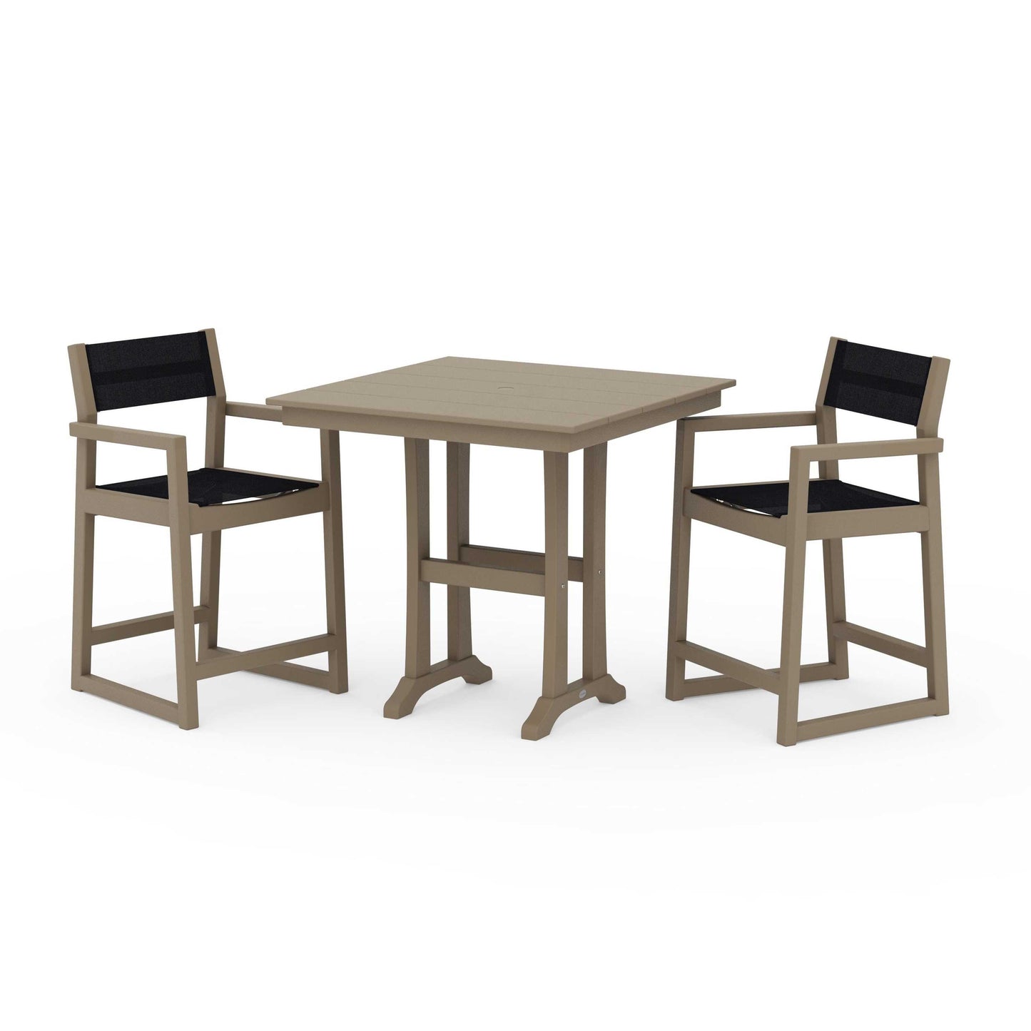 POLYWOOD EDGE Sling Arm Chair 3-Piece Farmhouse Counter Set with Trestle Legs — Vintage Sahara / Black Sling