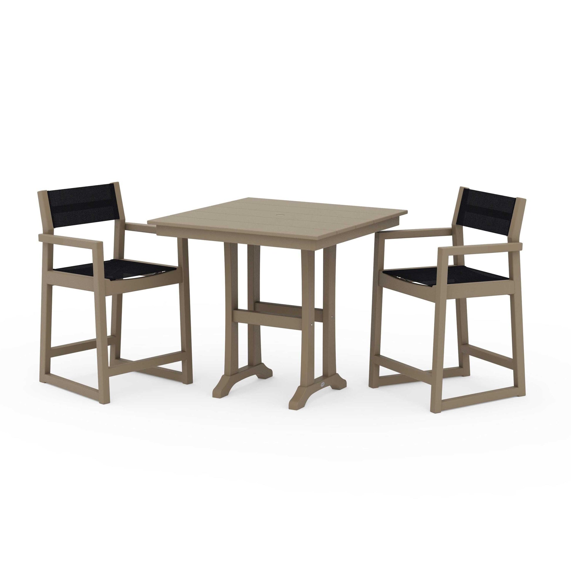 POLYWOOD EDGE Sling Arm Chair 3-Piece Farmhouse Counter Set with Trestle Legs — Vintage Sahara / Black Sling