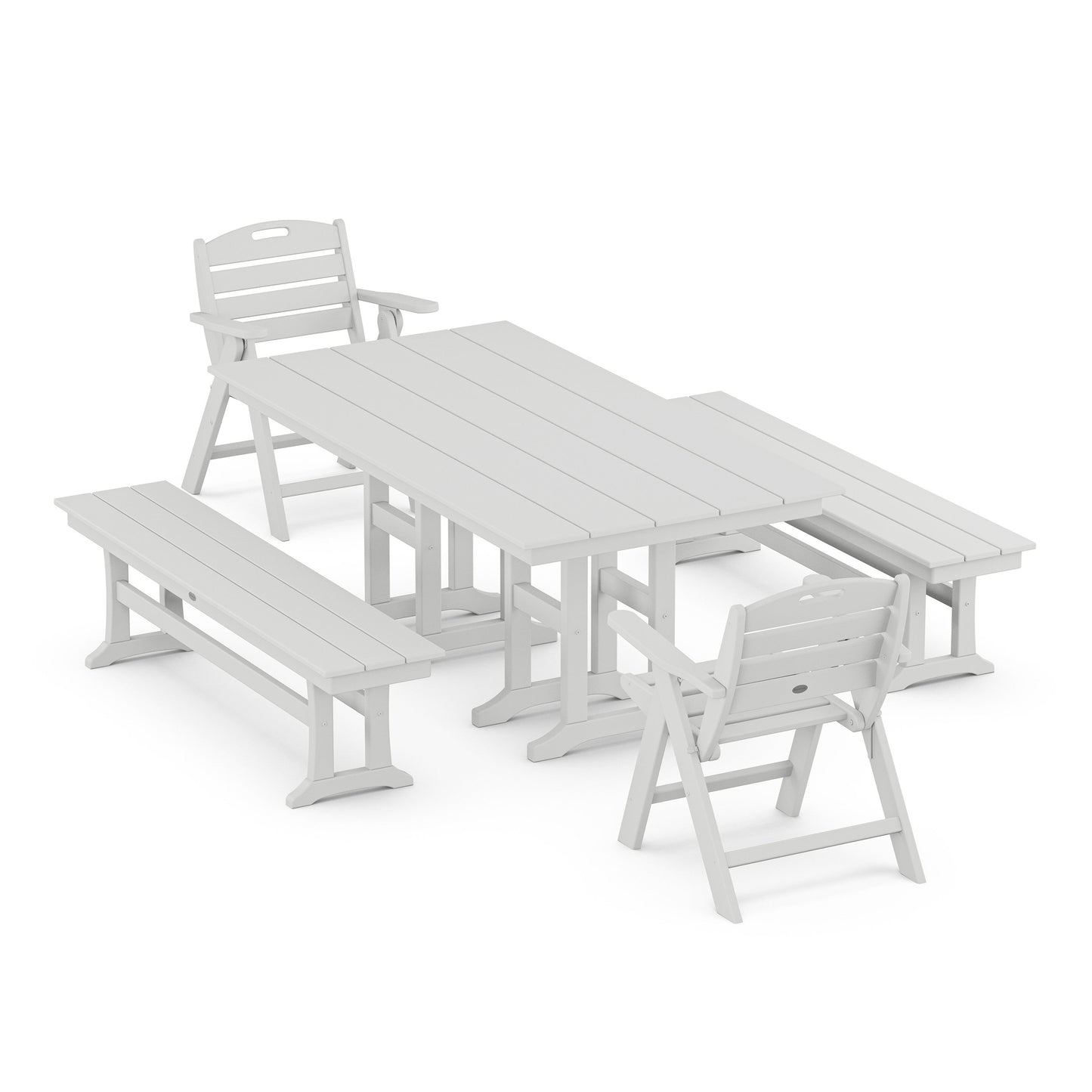 POLYWOOD Nautical Lowback 5-Piece Farmhouse Dining Set with Benches — White
