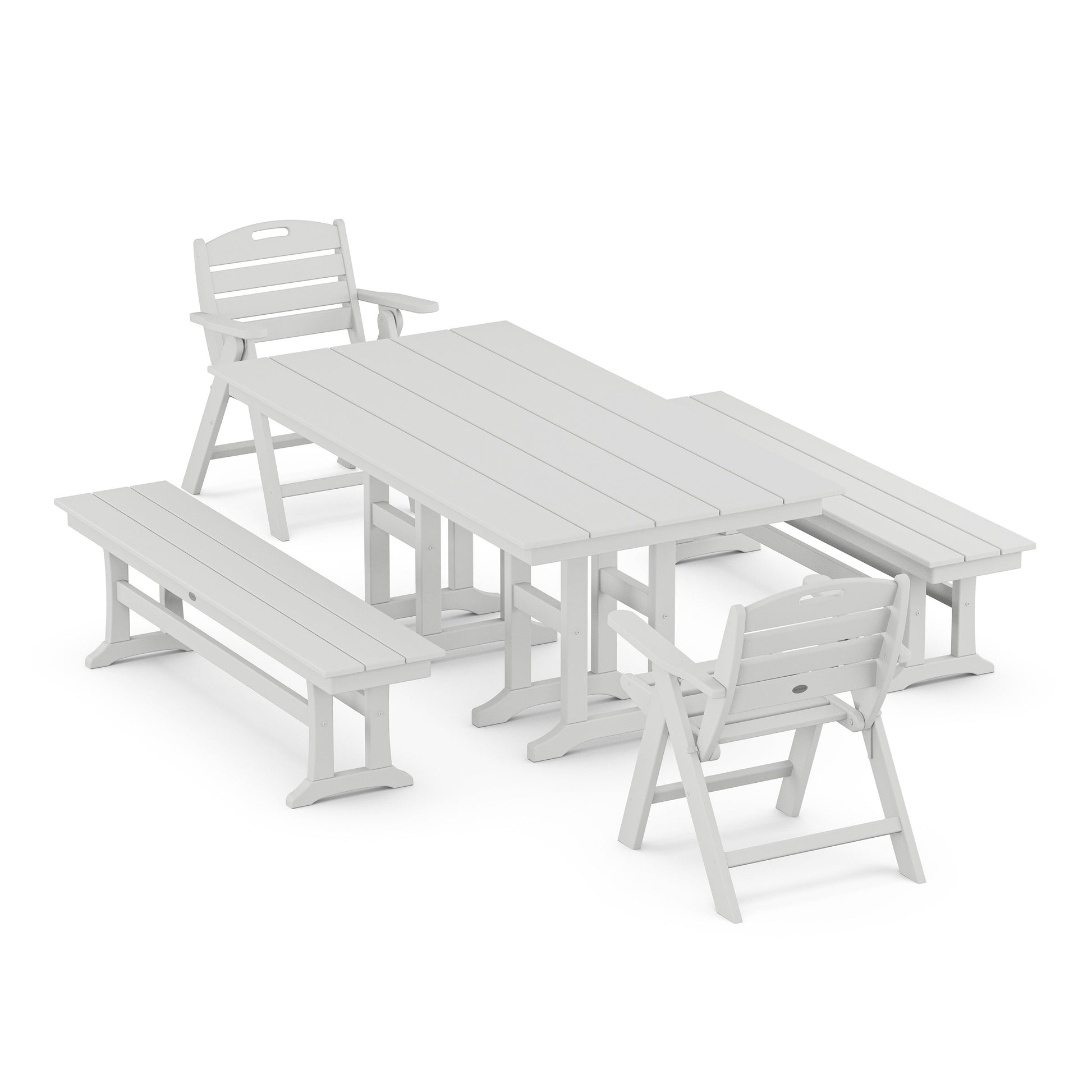 POLYWOOD Nautical Lowback 5-Piece Farmhouse Dining Set with Benches — White