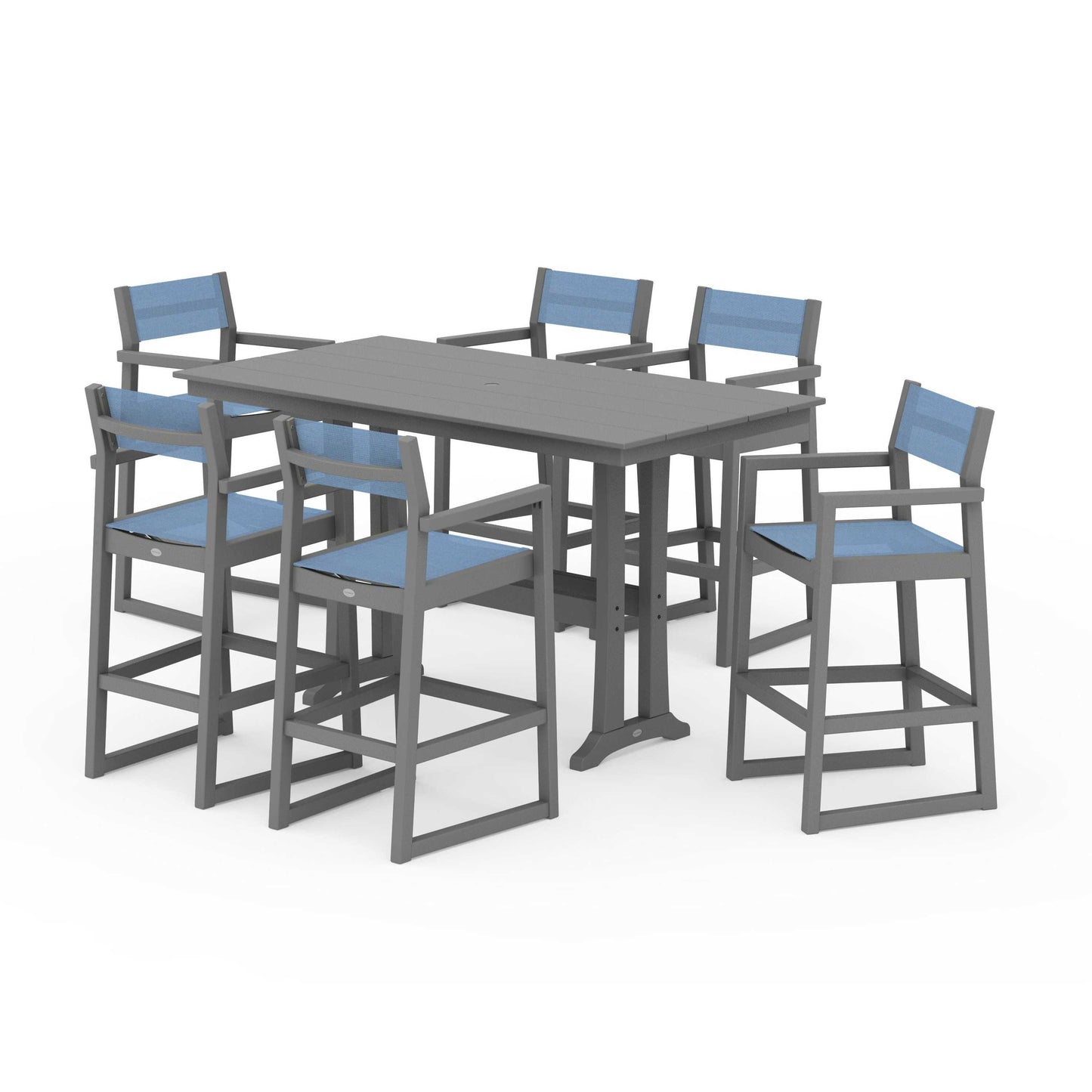 POLYWOOD EDGE Sling Arm Chair 7-Piece Farmhouse Bar Set with Trestle Legs — Slate Grey / Poolside Sling