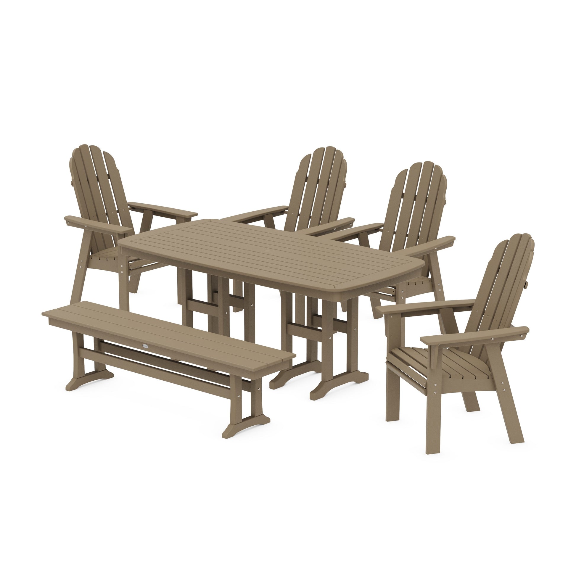 POLYWOOD Vineyard Curveback Adirondack Chair 6-Piece Dining Set with Bench — Vintage Sahara
