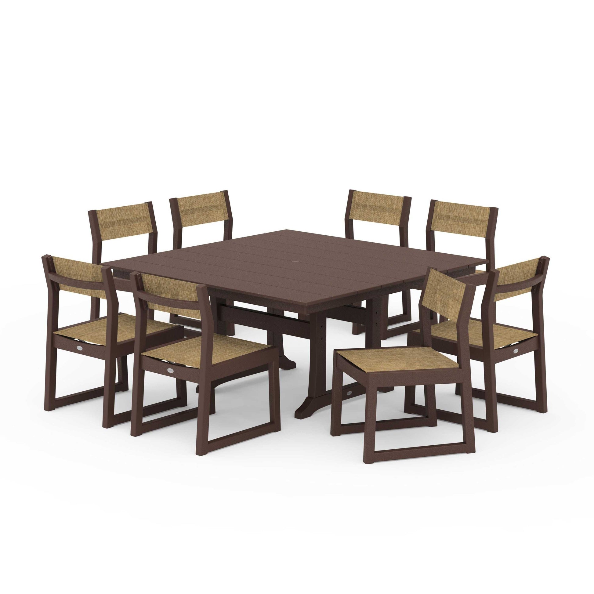 POLYWOOD EDGE Sling Side Chair 9-Piece Farmhouse Trestle Dining Set — Mahogany / Burlap Sling