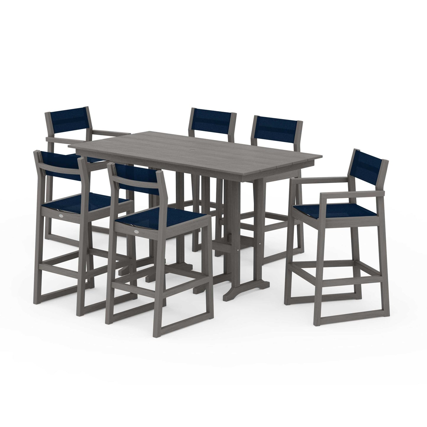 POLYWOOD EDGE Sling 7-Piece Farmhouse Bar Set — Driftwood / Navy Blue Sling