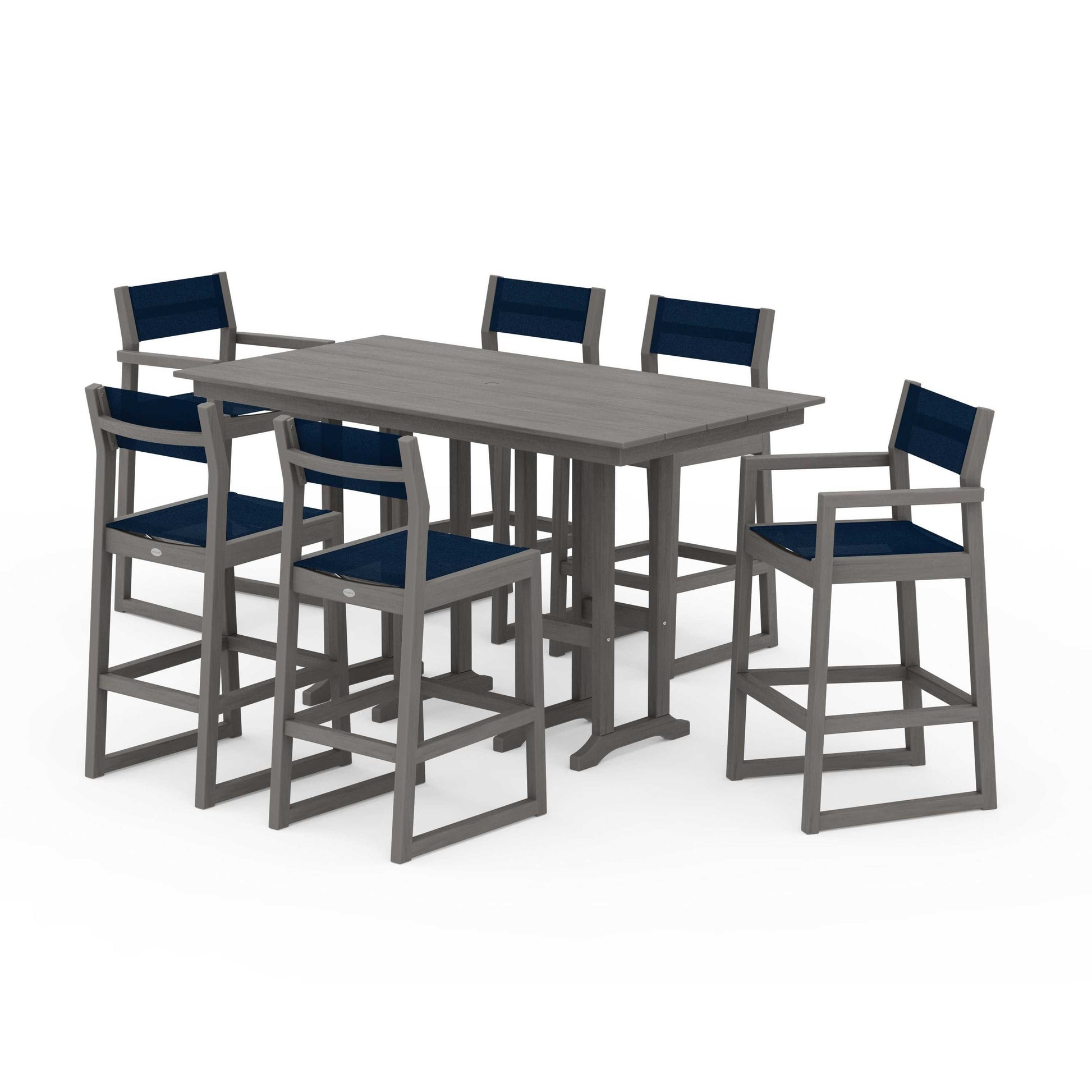 POLYWOOD EDGE Sling 7-Piece Farmhouse Bar Set — Driftwood / Navy Blue Sling