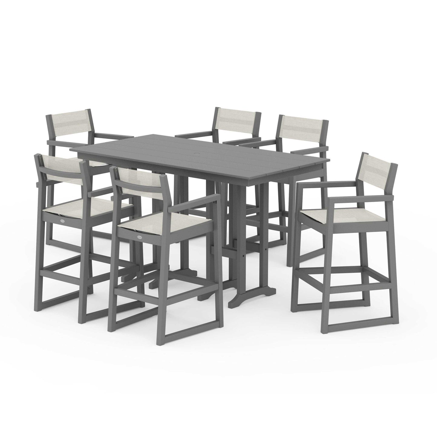 POLYWOOD EDGE Sling Arm Chair 7-Piece Farmhouse Bar Set — Slate Grey / Parchment Sling