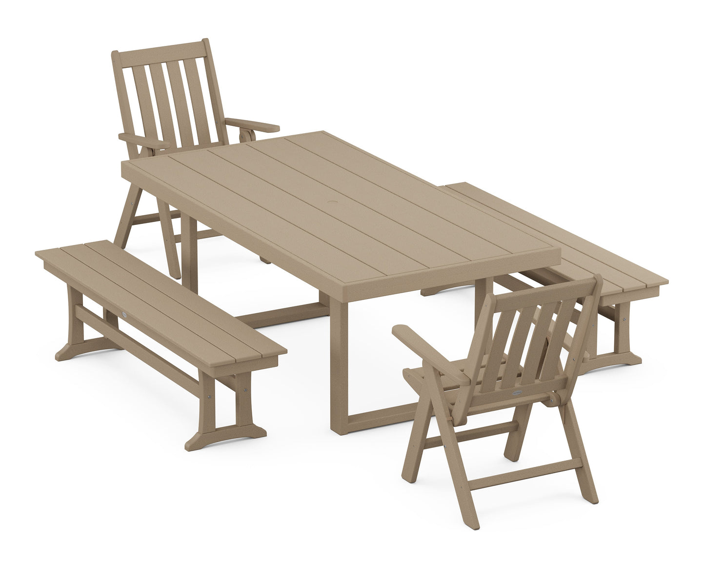 POLYWOOD Vineyard Folding Chair 5-Piece Dining Set with Benches — Vintage Sahara