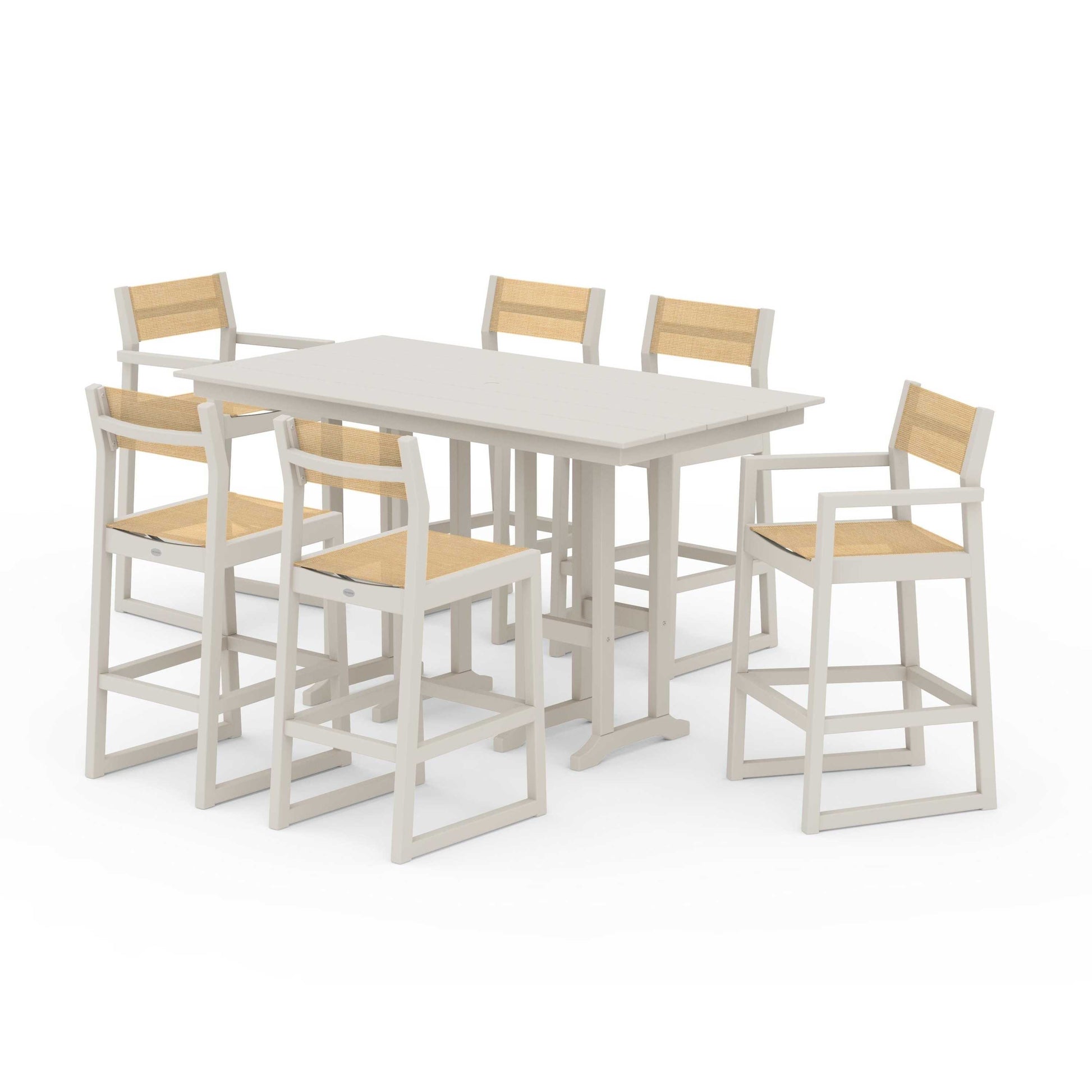 POLYWOOD EDGE Sling 7-Piece Farmhouse Bar Set — Sand / Dupioni Apricot Sling