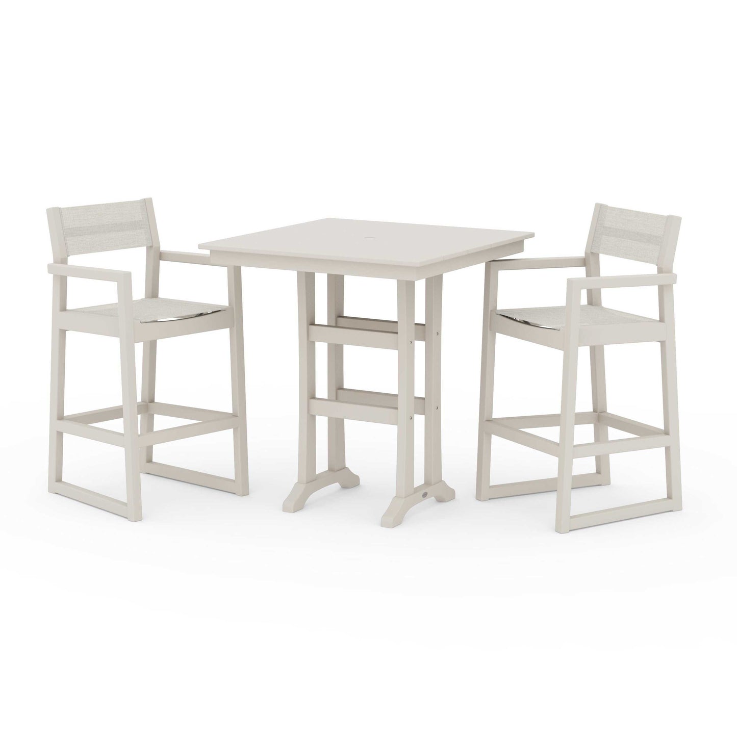POLYWOOD EDGE Sling Arm Chair 3-Piece Farmhouse Bar Set with Trestle Legs — Sand / Parchment Sling