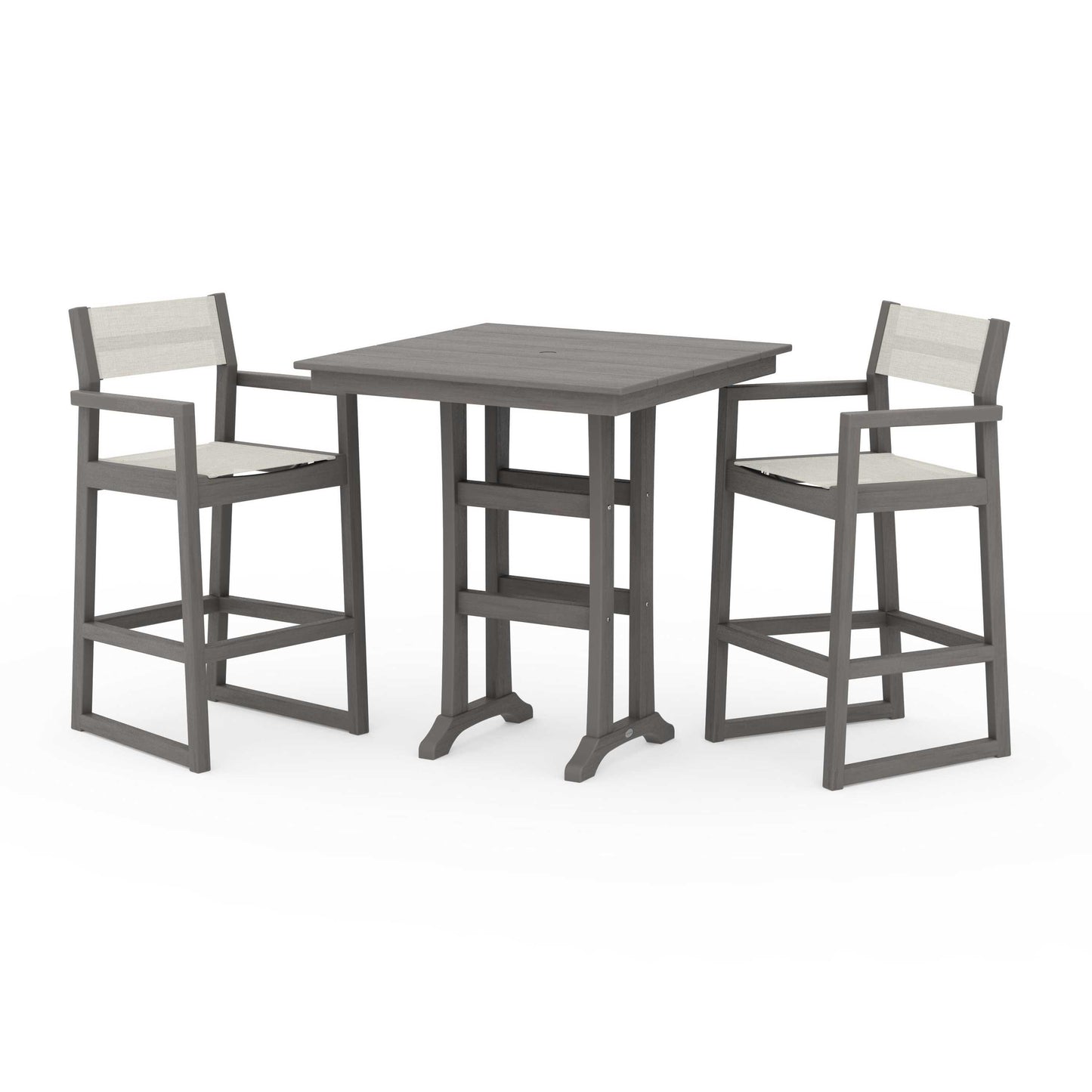 POLYWOOD EDGE Sling Arm Chair 3-Piece Farmhouse Bar Set with Trestle Legs — Driftwood / Parchment Sling