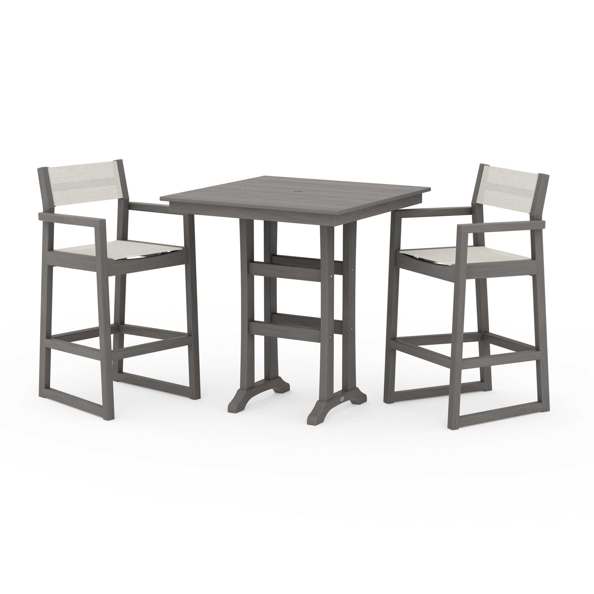 POLYWOOD EDGE Sling Arm Chair 3-Piece Farmhouse Bar Set with Trestle Legs — Driftwood / Parchment Sling