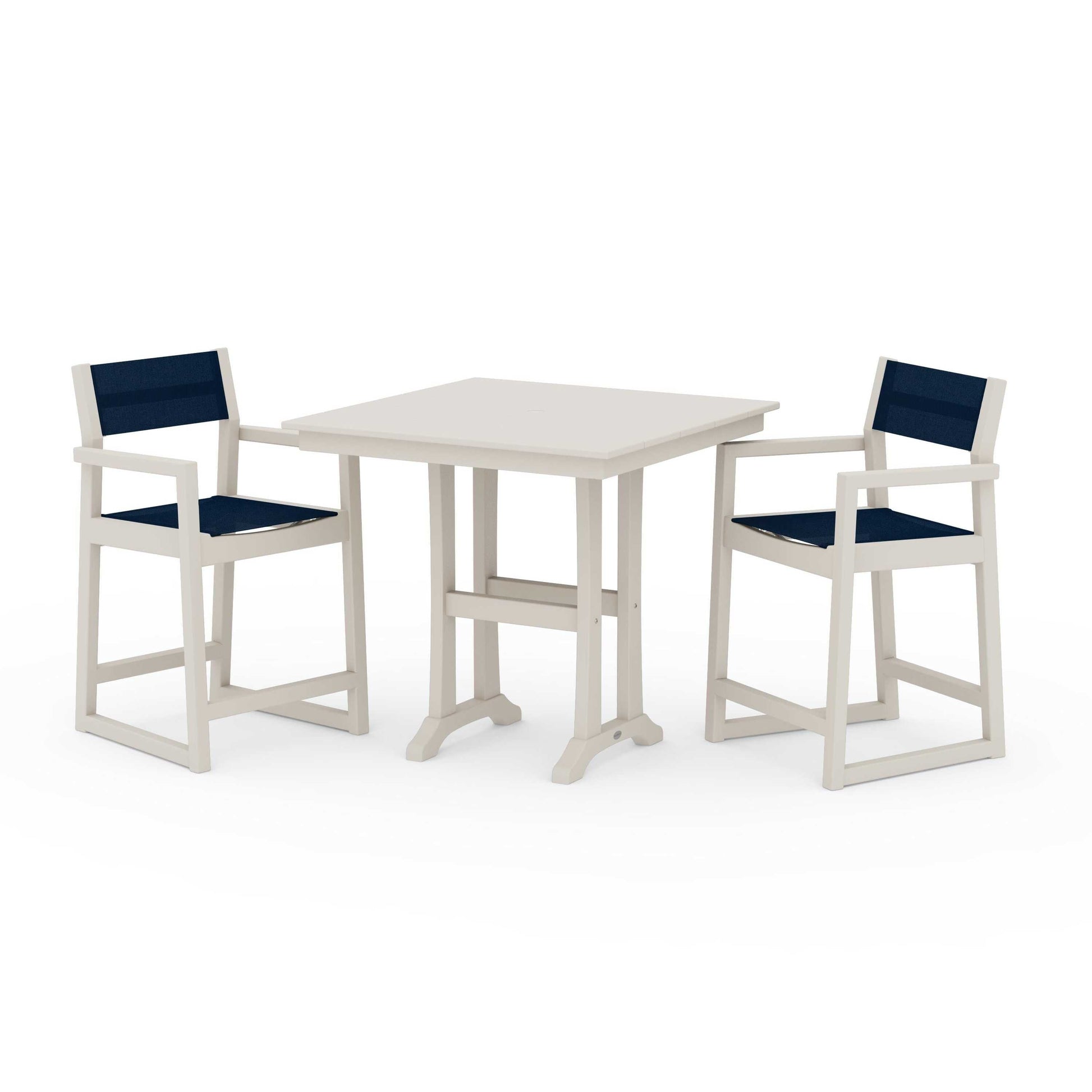 POLYWOOD EDGE Sling Arm Chair 3-Piece Farmhouse Counter Set with Trestle Legs — Sand / Navy Blue Sling