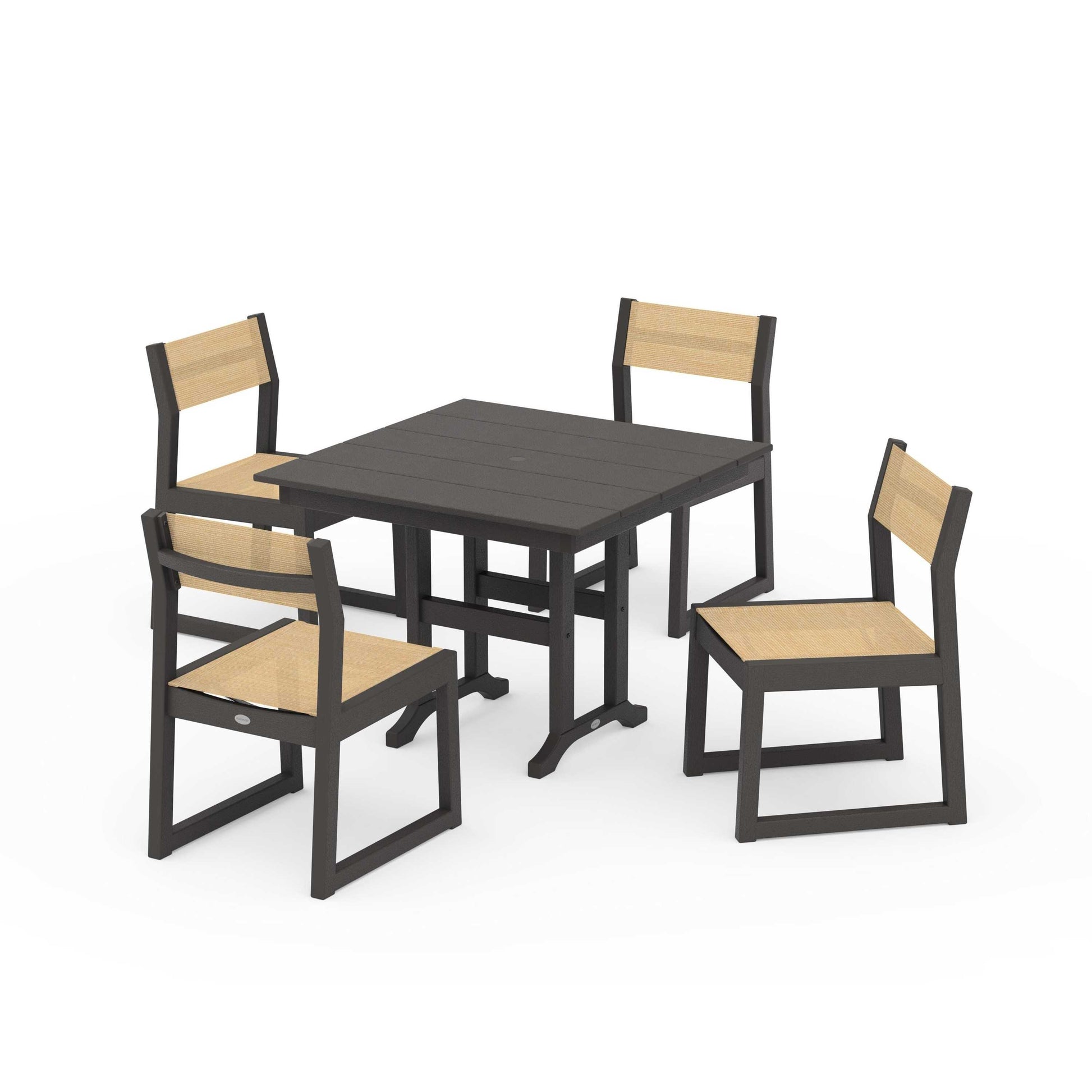 POLYWOOD EDGE Sling Side Chair 5-Piece Farmhouse Dining Set — Vintage Coffee / Dupioni Apricot Sling