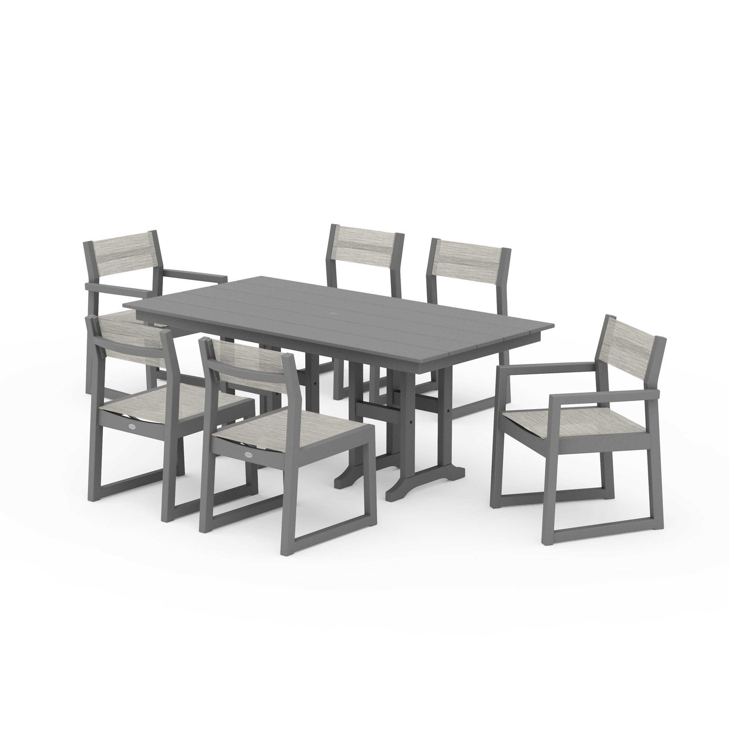 POLYWOOD EDGE Sling 7-Piece Farmhouse Dining Set — Slate Grey / Birch Sling