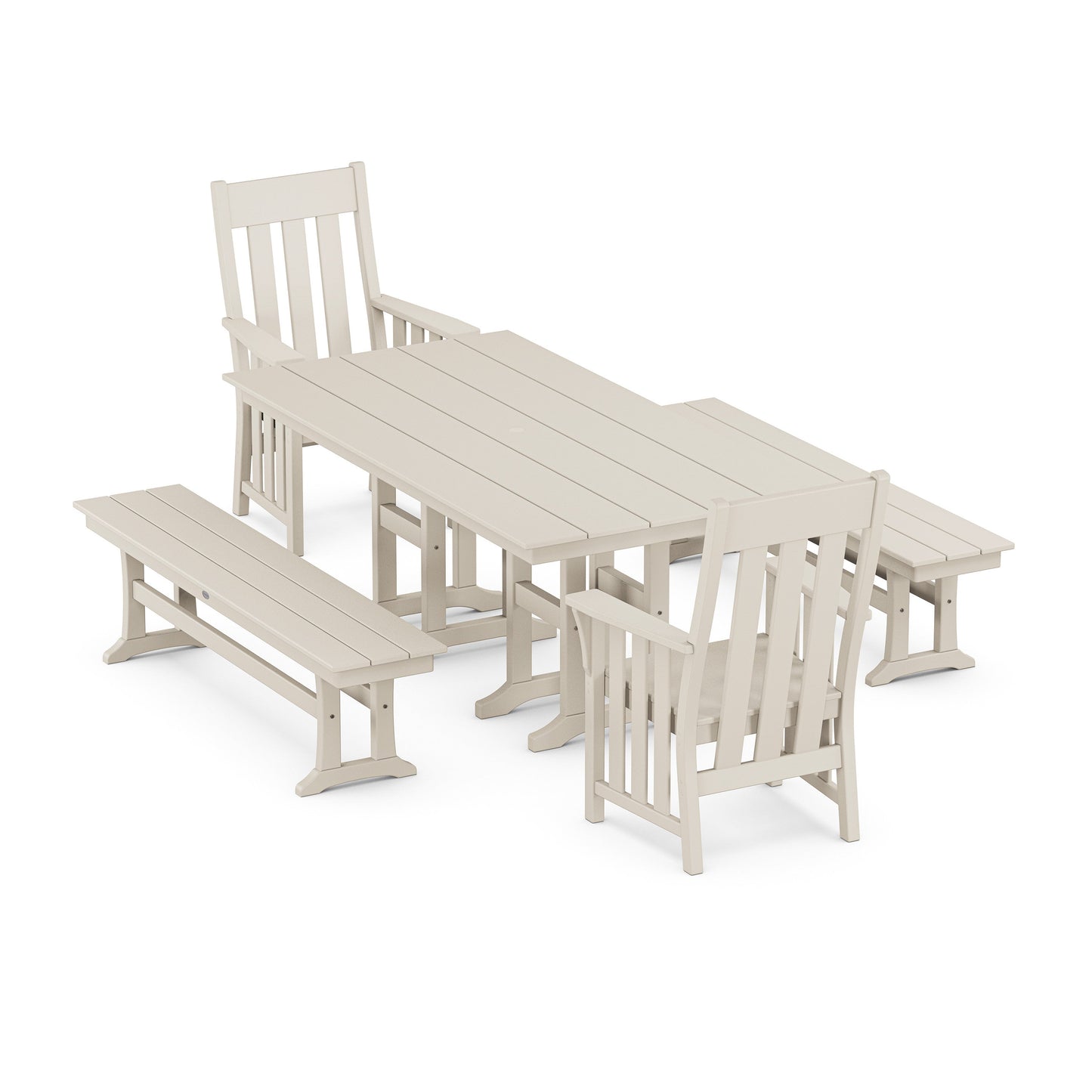 POLYWOOD Acadia 5-Piece Farmhouse Dining Set with Benches — Sand