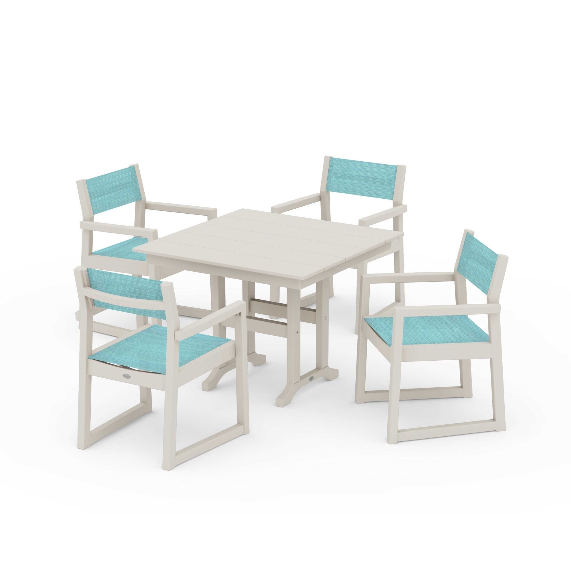 POLYWOOD EDGE Sling Arm Chair 5-Piece Farmhouse Dining Set — Sand / Dupioni Aquamarine Sling