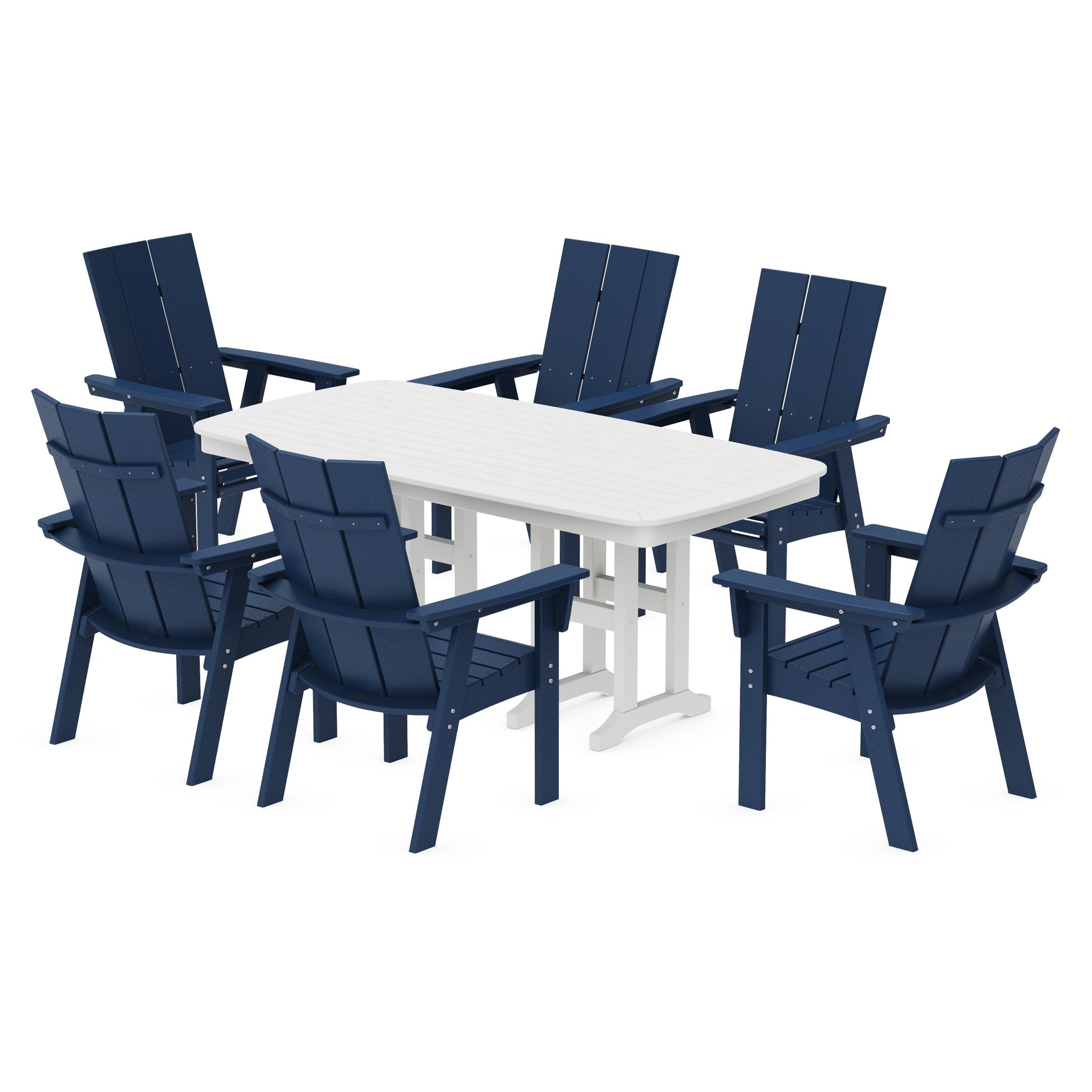 POLYWOOD Modern Curveback Adirondack 7-Piece Dining Set — Navy / White