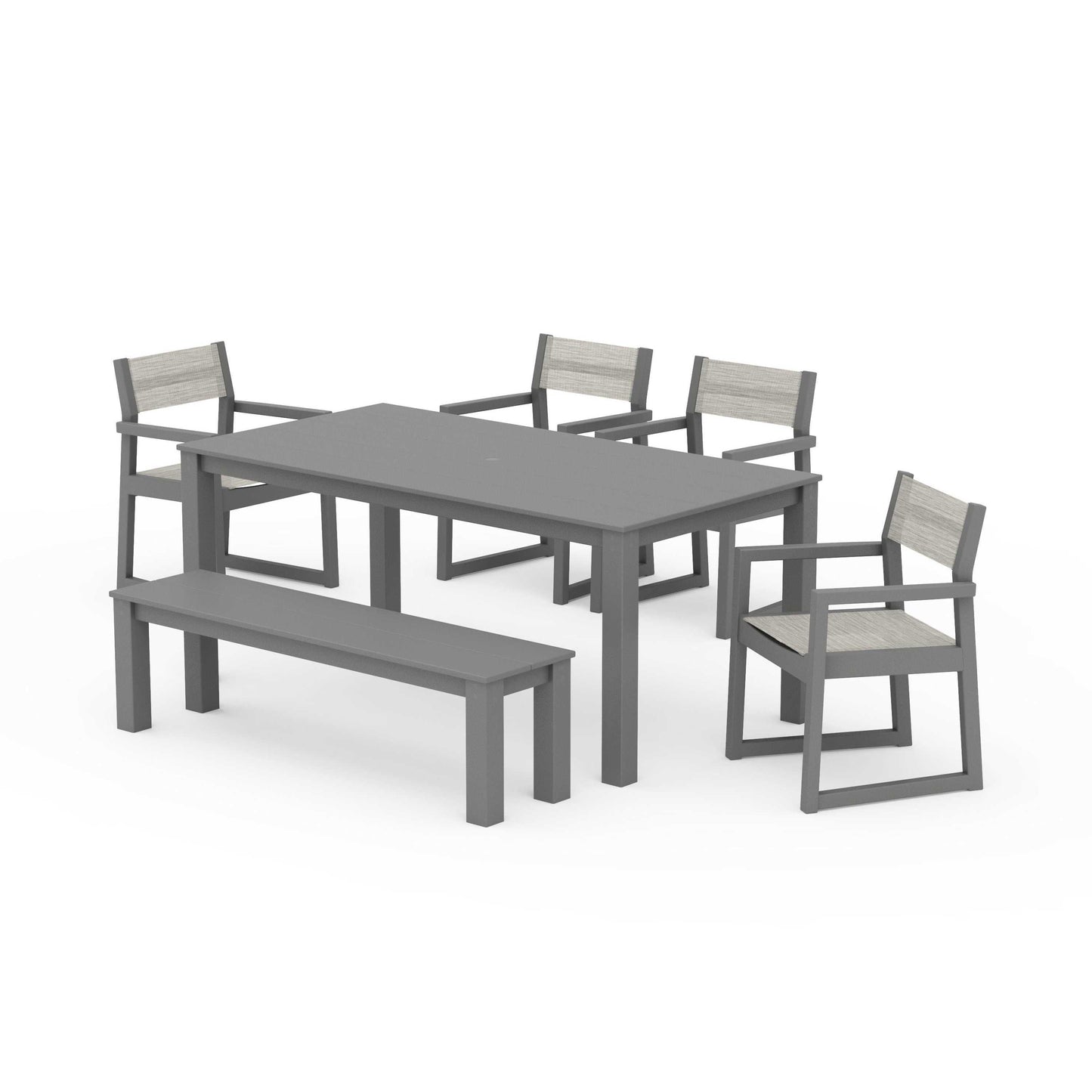 POLYWOOD EDGE Sling Arm Chair 6-Piece Parsons Dining Set with Bench — Slate Grey / Birch Sling