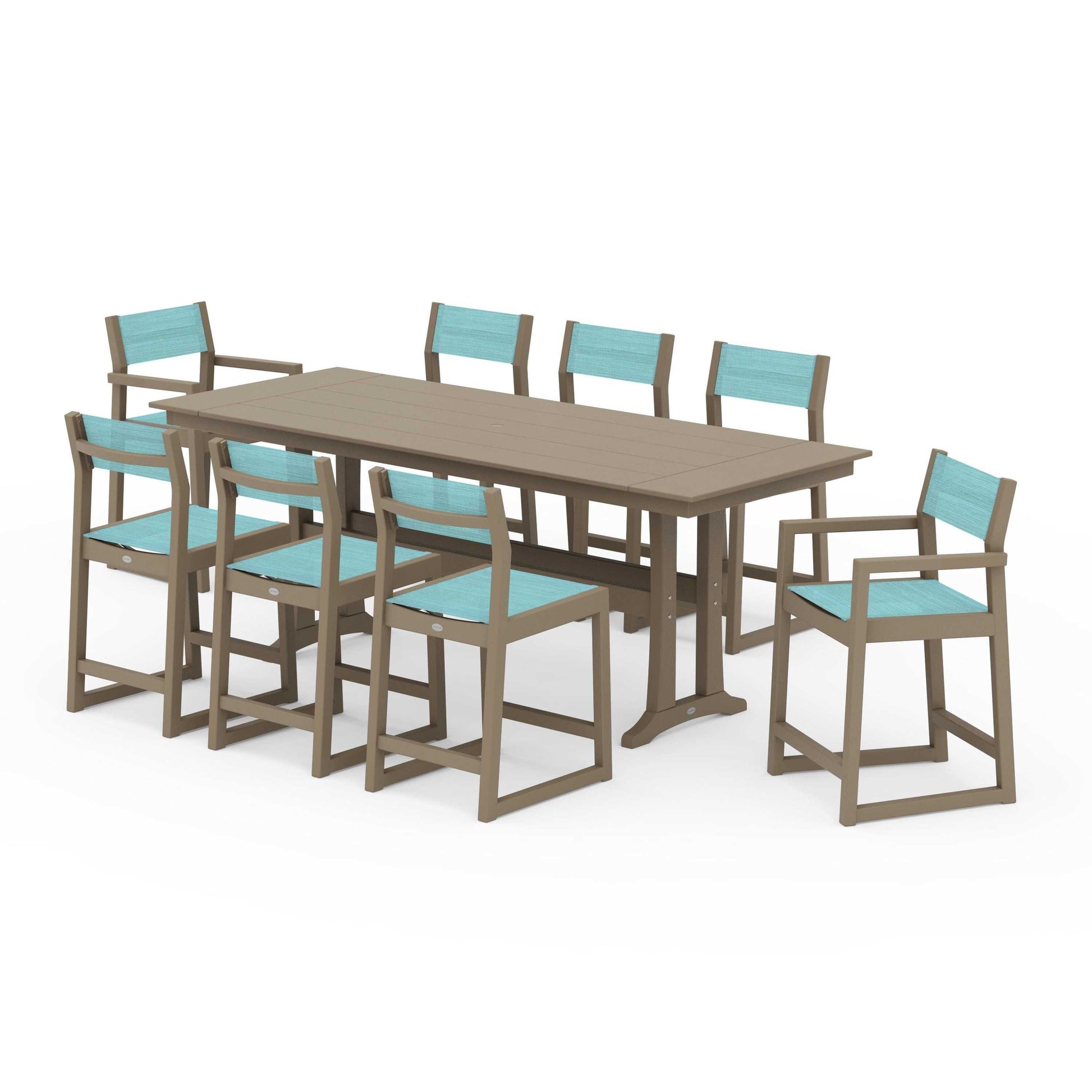 POLYWOOD EDGE Sling 9-Piece Farmhouse Counter Set with Trestle Legs — Vintage Sahara / Dupioni Aquamarine Sling