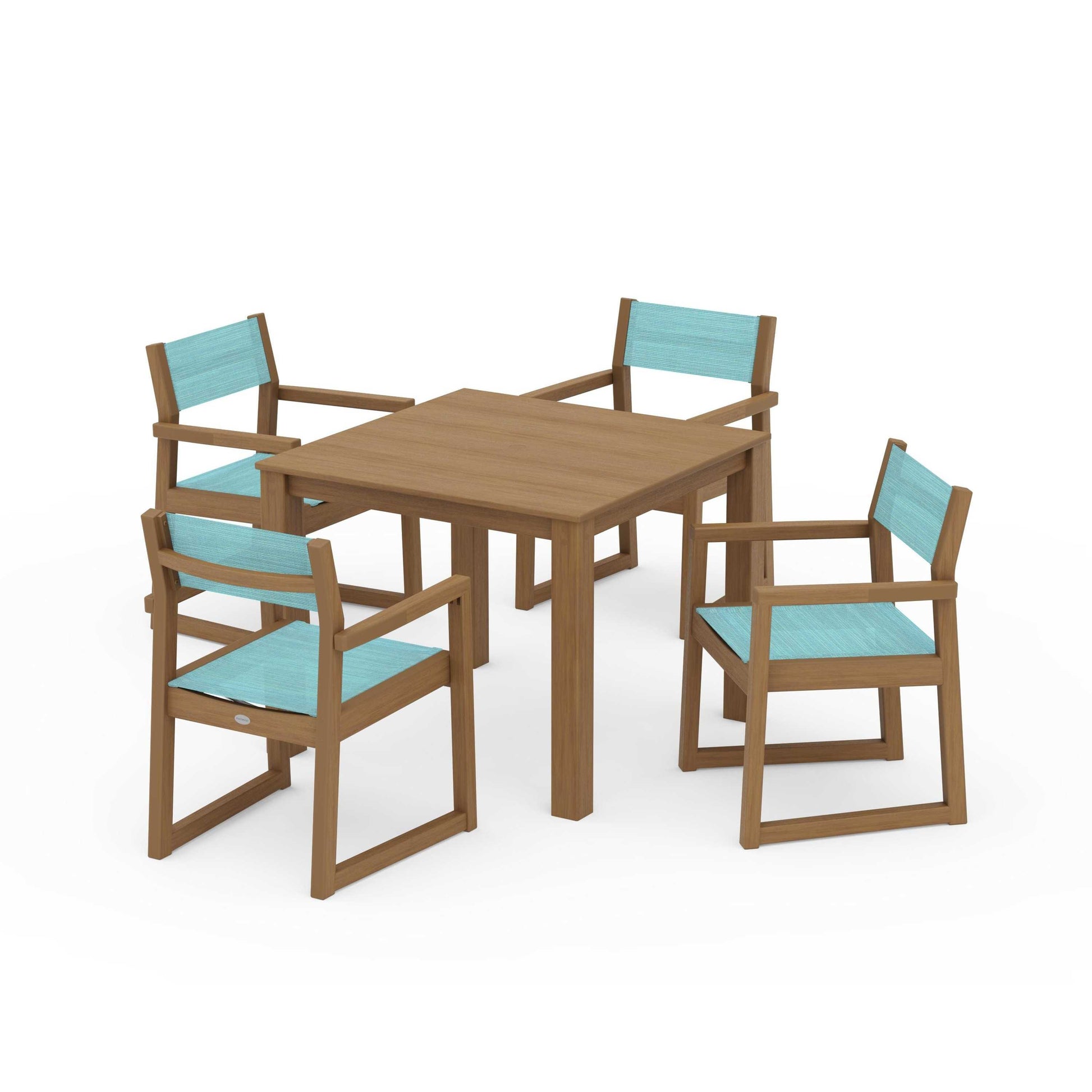 POLYWOOD EDGE Sling Arm Chair 5-Piece Parsons Dining Set — Natural / Dupioni Aquamarine Sling