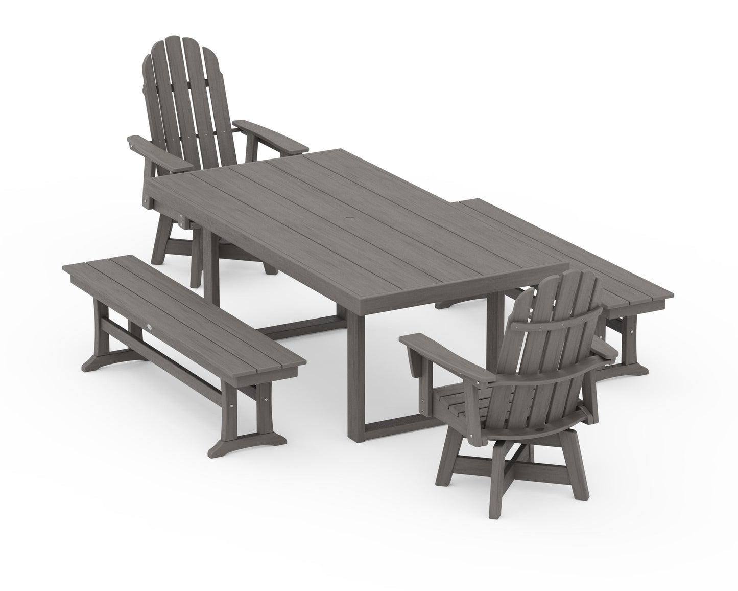 POLYWOOD Vineyard Curveback Adirondack Swivel Chair 5-Piece Dining Set with Benches — Driftwood