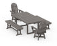 POLYWOOD Vineyard Curveback Adirondack Swivel Chair 5-Piece Dining Set with Benches — Driftwood