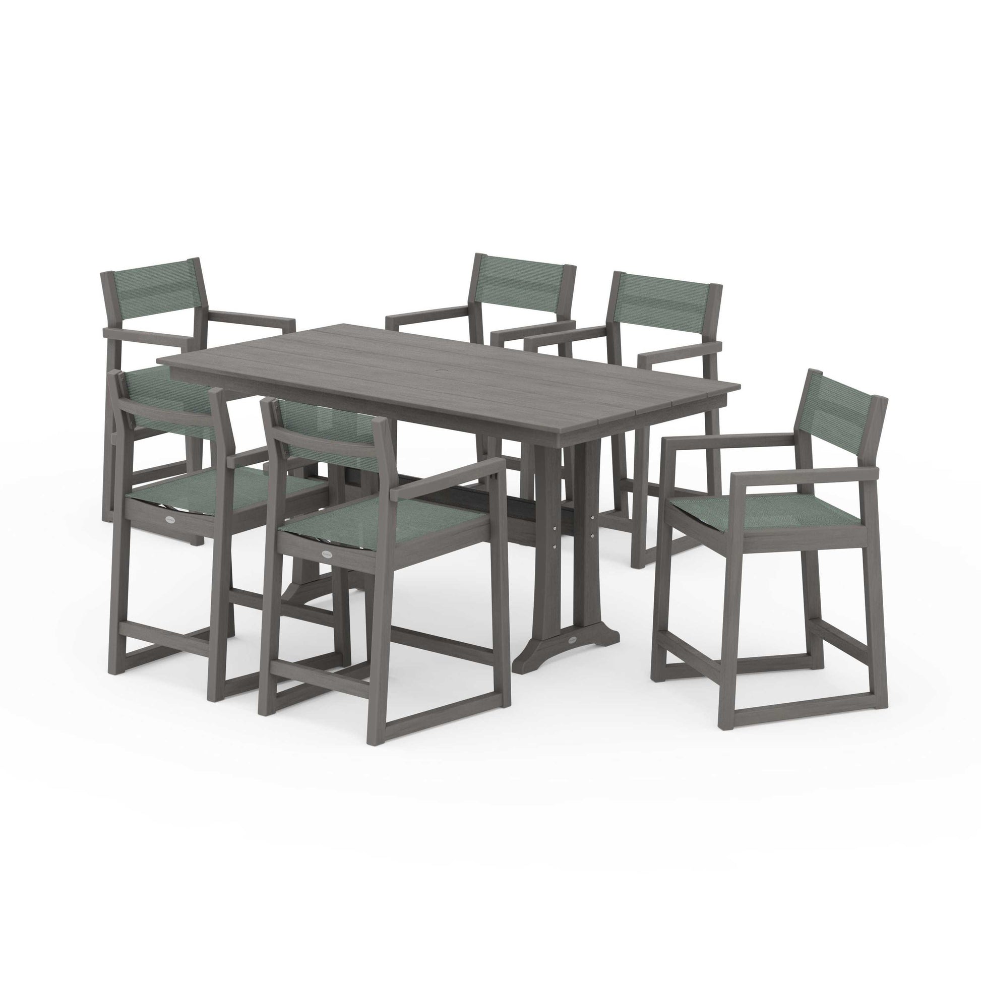 POLYWOOD EDGE Sling Arm Chair 7-Piece Farmhouse Counter Set with Trestle Legs — Driftwood / Dupioni Sea Mist Sling