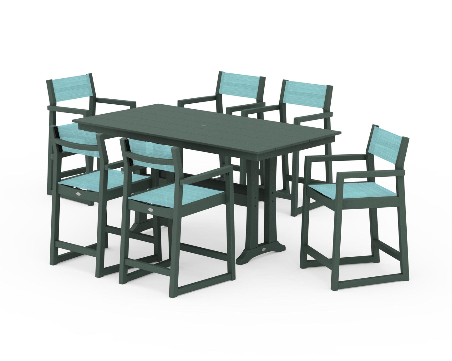 POLYWOOD EDGE Sling Arm Chair 7-Piece Farmhouse Counter Set with Trestle Legs — Green / Dupioni Aquamarine Sling