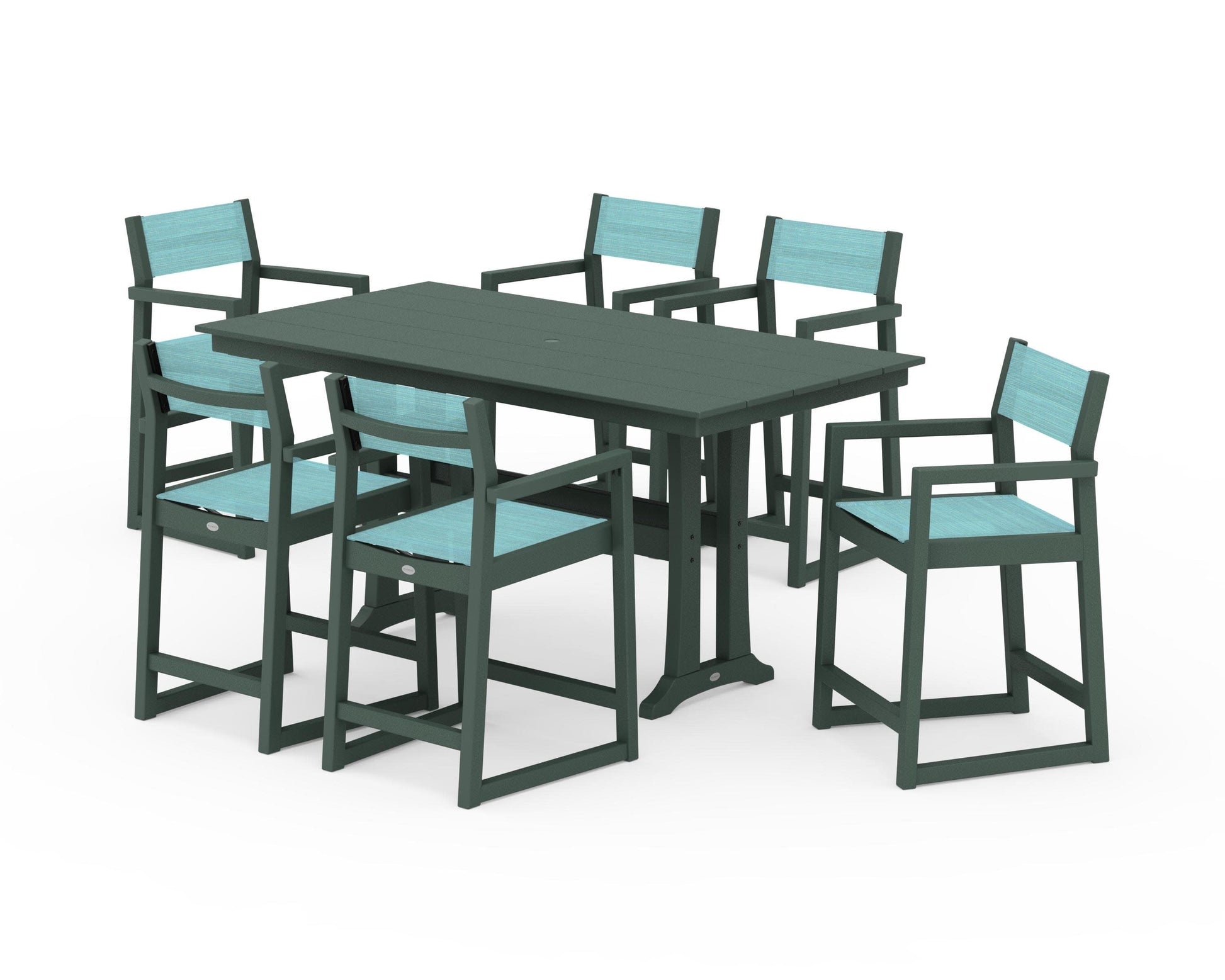 POLYWOOD EDGE Sling Arm Chair 7-Piece Farmhouse Counter Set with Trestle Legs — Green / Dupioni Aquamarine Sling