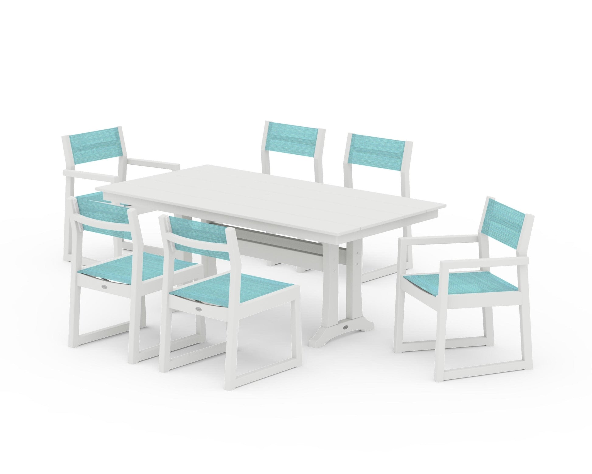 POLYWOOD EDGE Sling 7-Piece Farmhouse Trestle Dining Set — Vintage White / Dupioni Aquamarine Sling