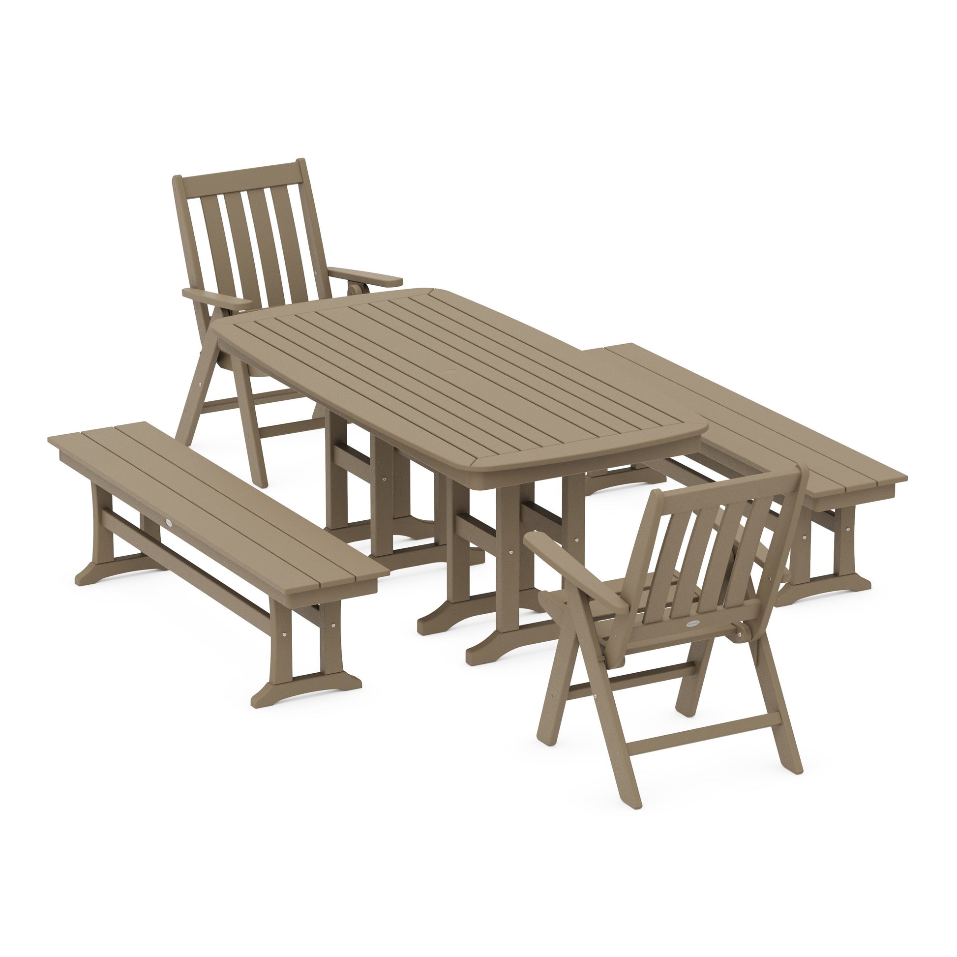 POLYWOOD Vineyard Folding Chair 6-Piece Dining Set with Benches — Vintage Sahara