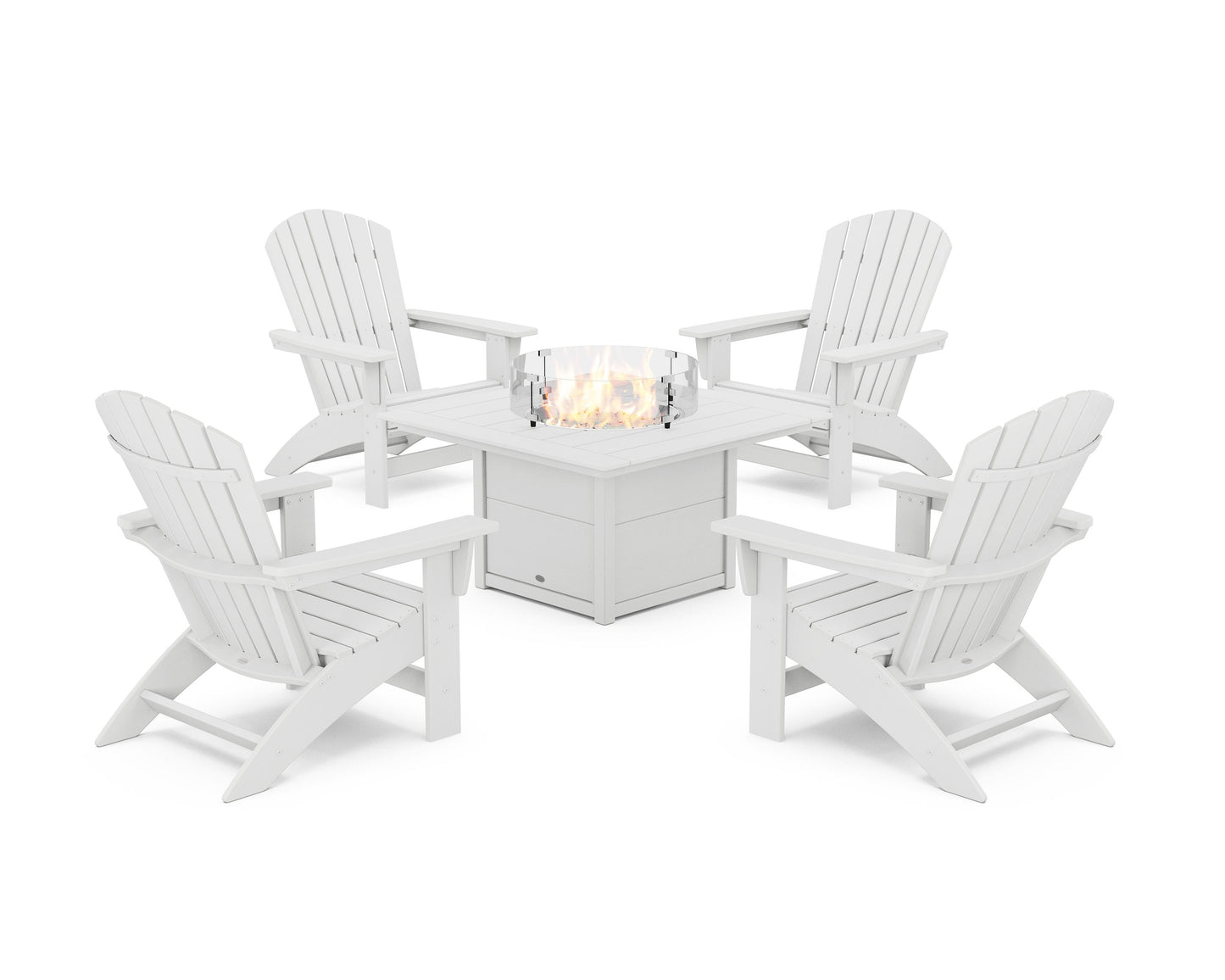 POLYWOOD 5-Piece Nautical Grand Adirondack Conversation Set with Fire Pit Table — White