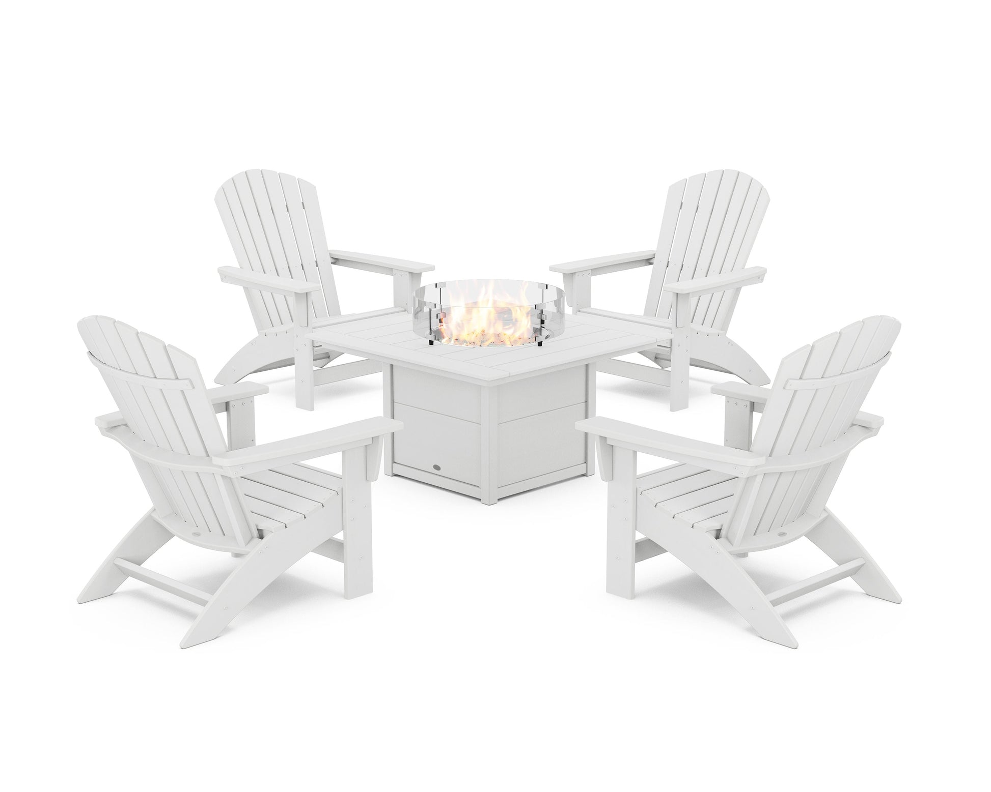 POLYWOOD 5-Piece Nautical Grand Adirondack Conversation Set with Fire Pit Table — White