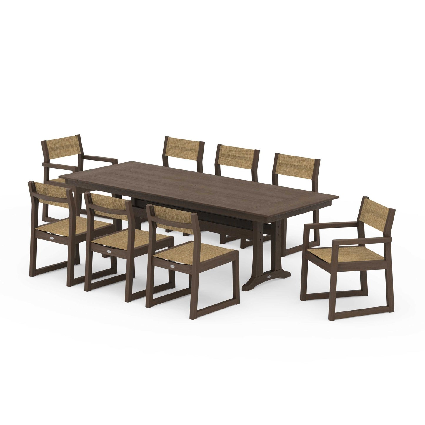 POLYWOOD EDGE Sling 9-Piece Farmhouse Trestle Dining Set — Kona / Burlap Sling