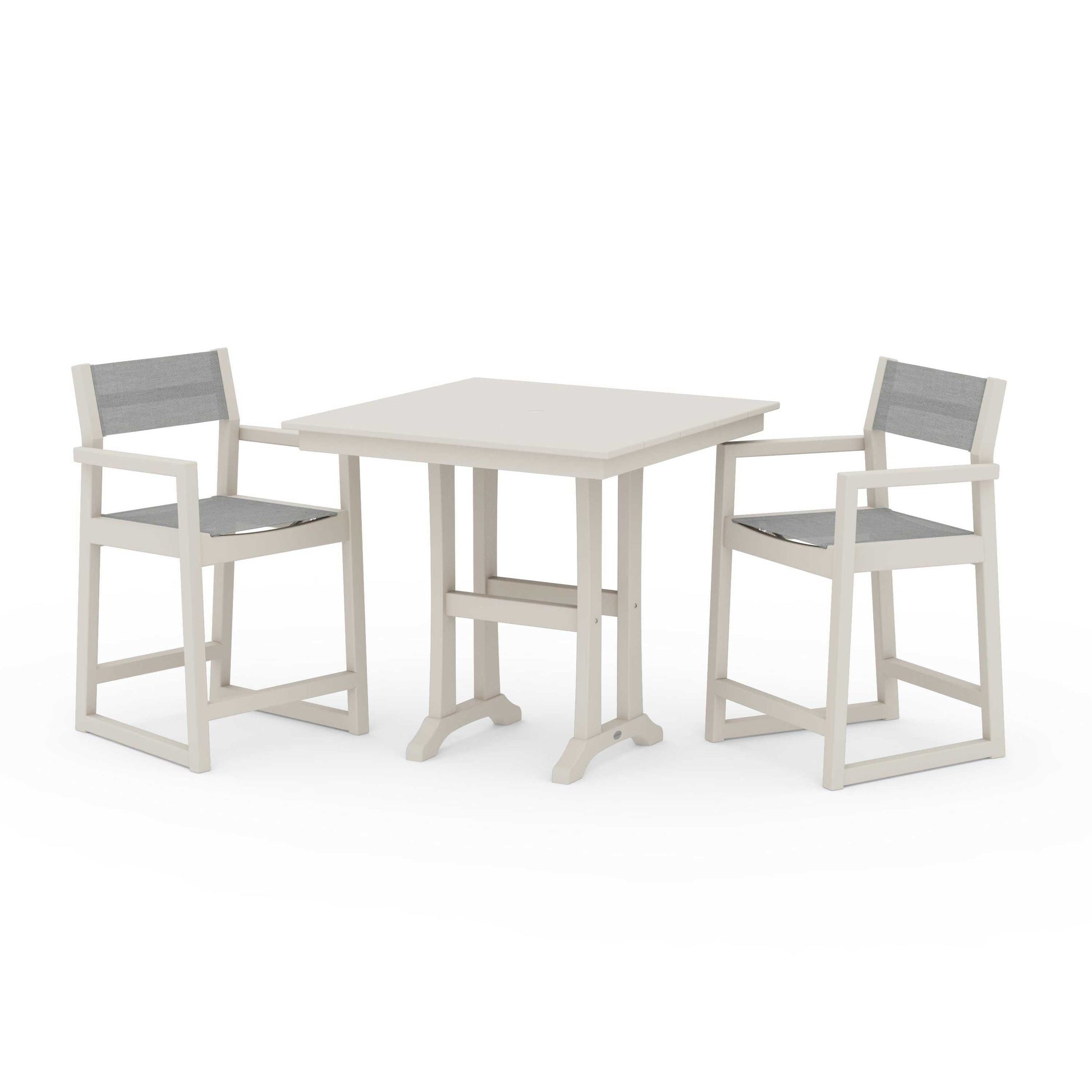 POLYWOOD EDGE Sling Arm Chair 3-Piece Farmhouse Counter Set with Trestle Legs — Sand / Metallic Sling