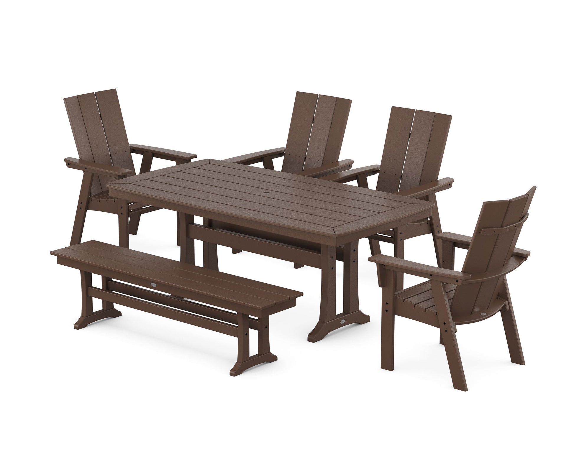 POLYWOOD Modern Curveback Adirondack 6-Piece Farmhouse Dining Set with Trestle Legs and Bench — Mahogany