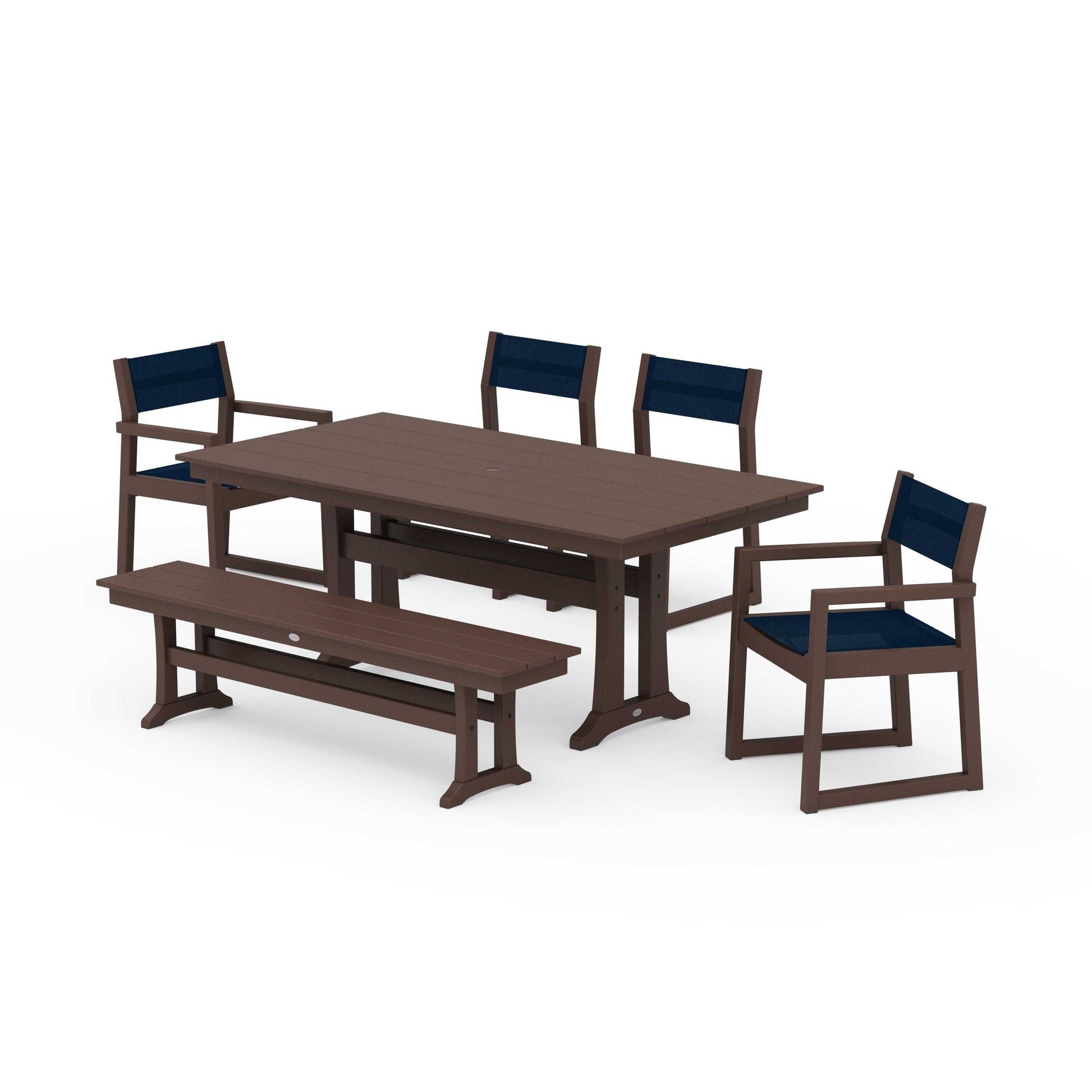 POLYWOOD EDGE Sling 6-Piece Farmhouse Dining Set With Trestle Legs — Mahogany / Navy Blue Sling