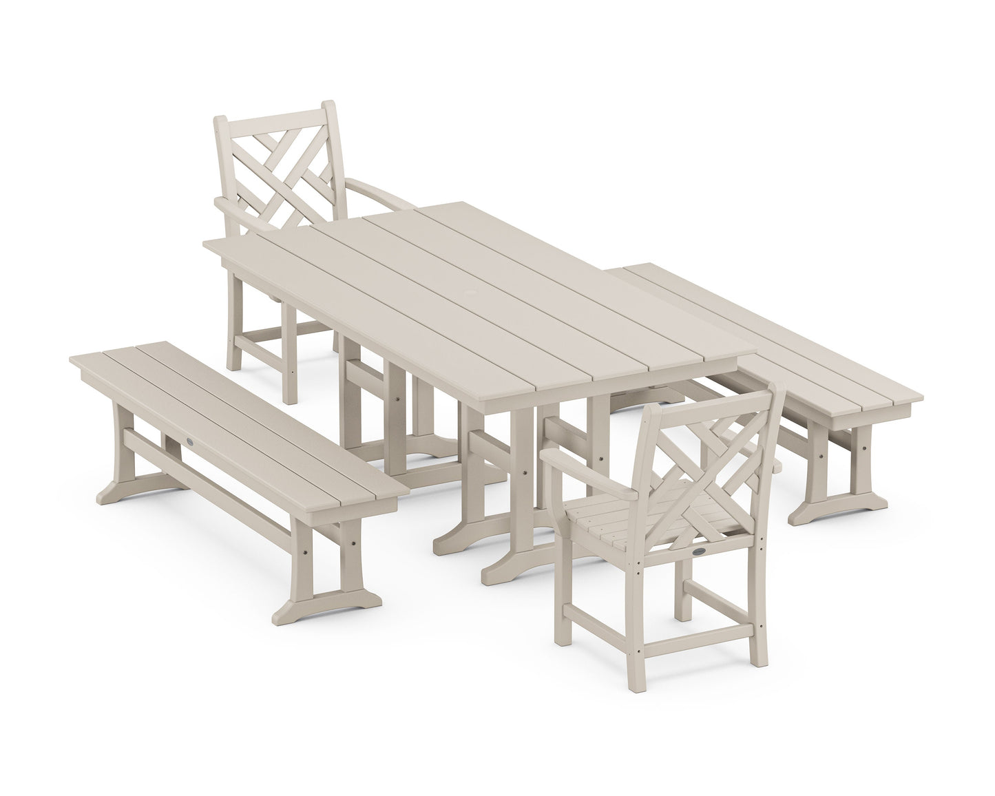 POLYWOOD Chippendale 5-Piece Farmhouse Dining Set with Benches — Sand