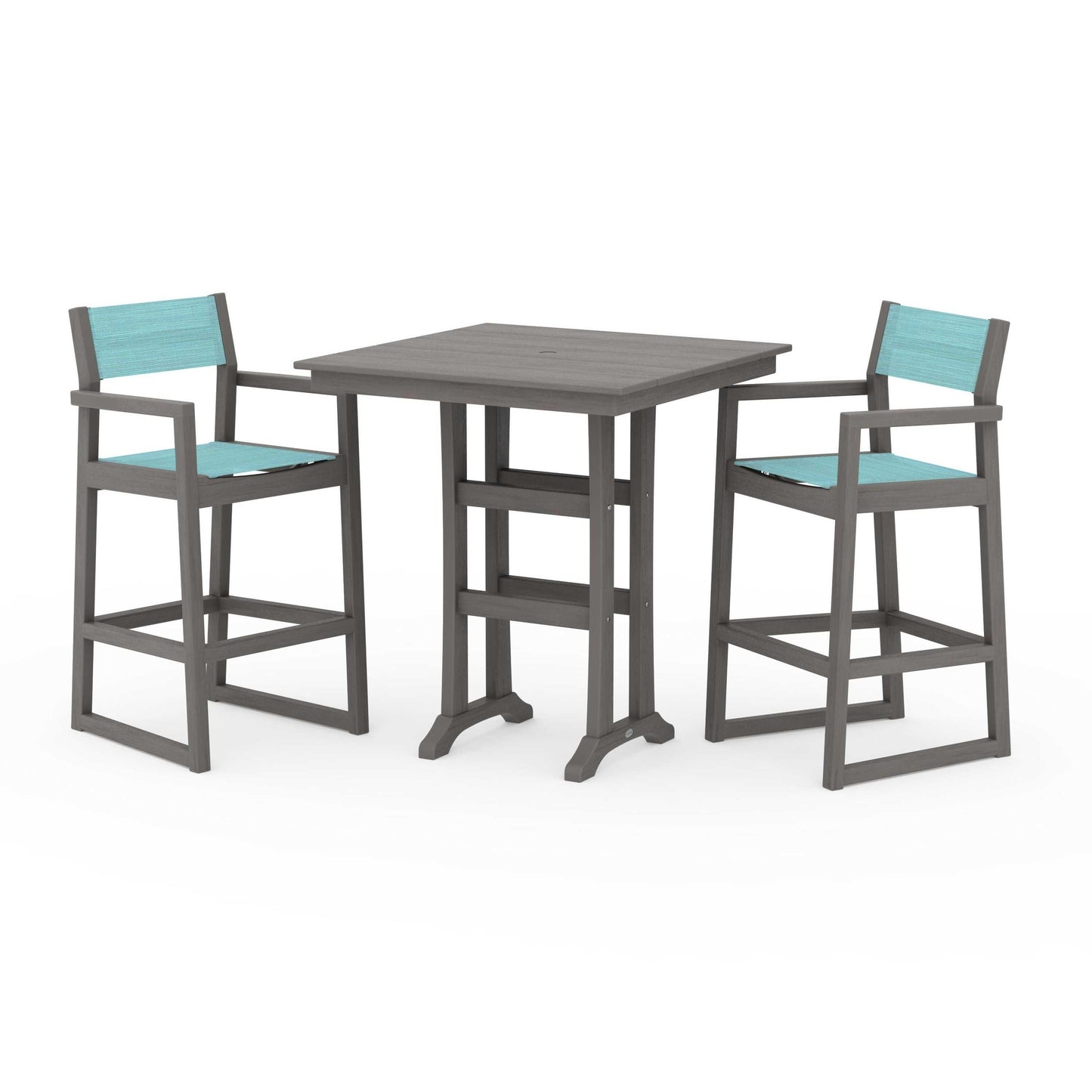POLYWOOD EDGE Sling Arm Chair 3-Piece Farmhouse Bar Set with Trestle Legs — Driftwood / Dupioni Aquamarine Sling
