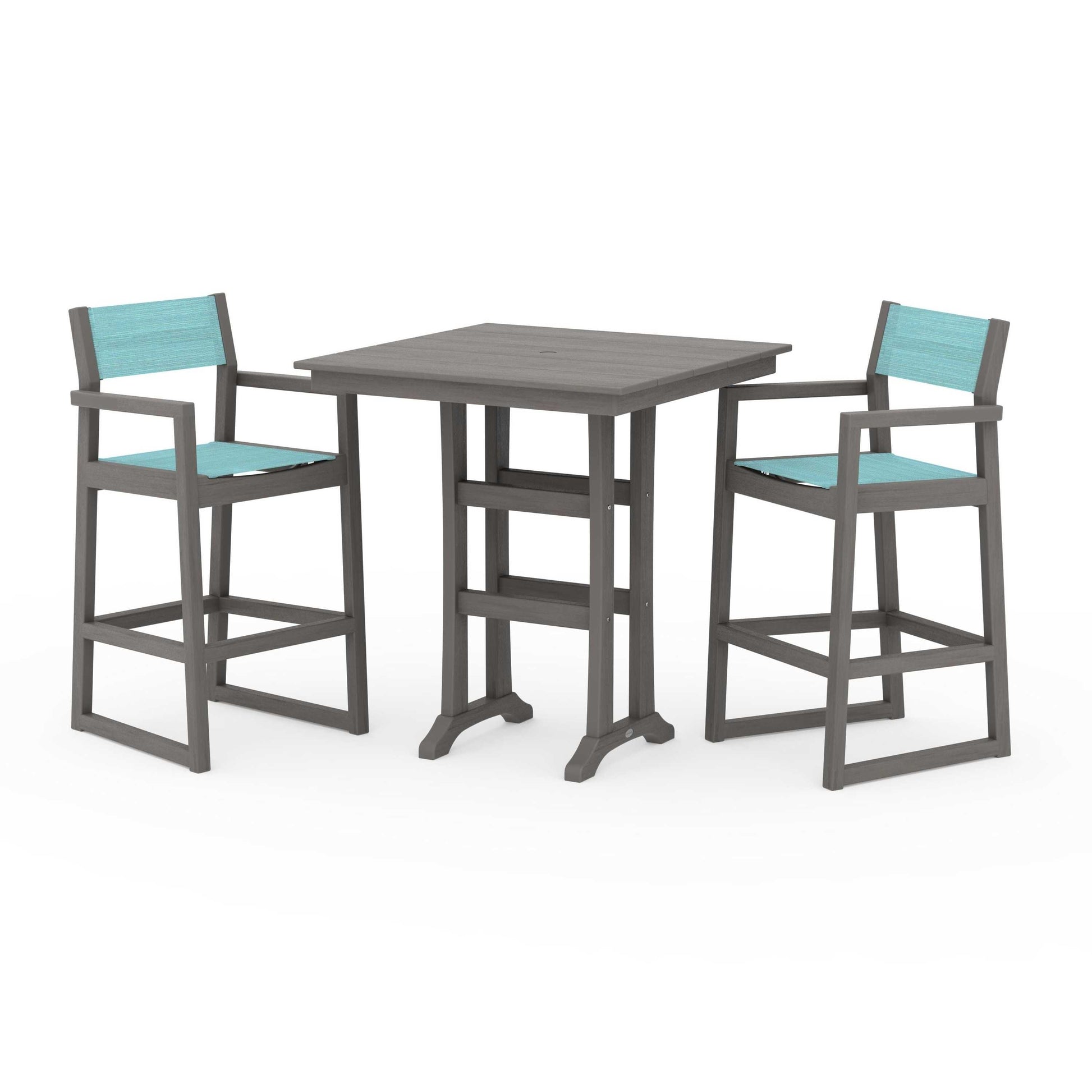 POLYWOOD EDGE Sling Arm Chair 3-Piece Farmhouse Bar Set with Trestle Legs — Driftwood / Dupioni Aquamarine Sling