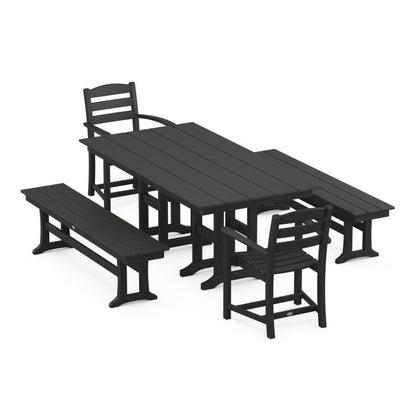 Polywood - La Casa Café 5-Piece Farmhouse Dining Set with Benches - FREE SHIPPING